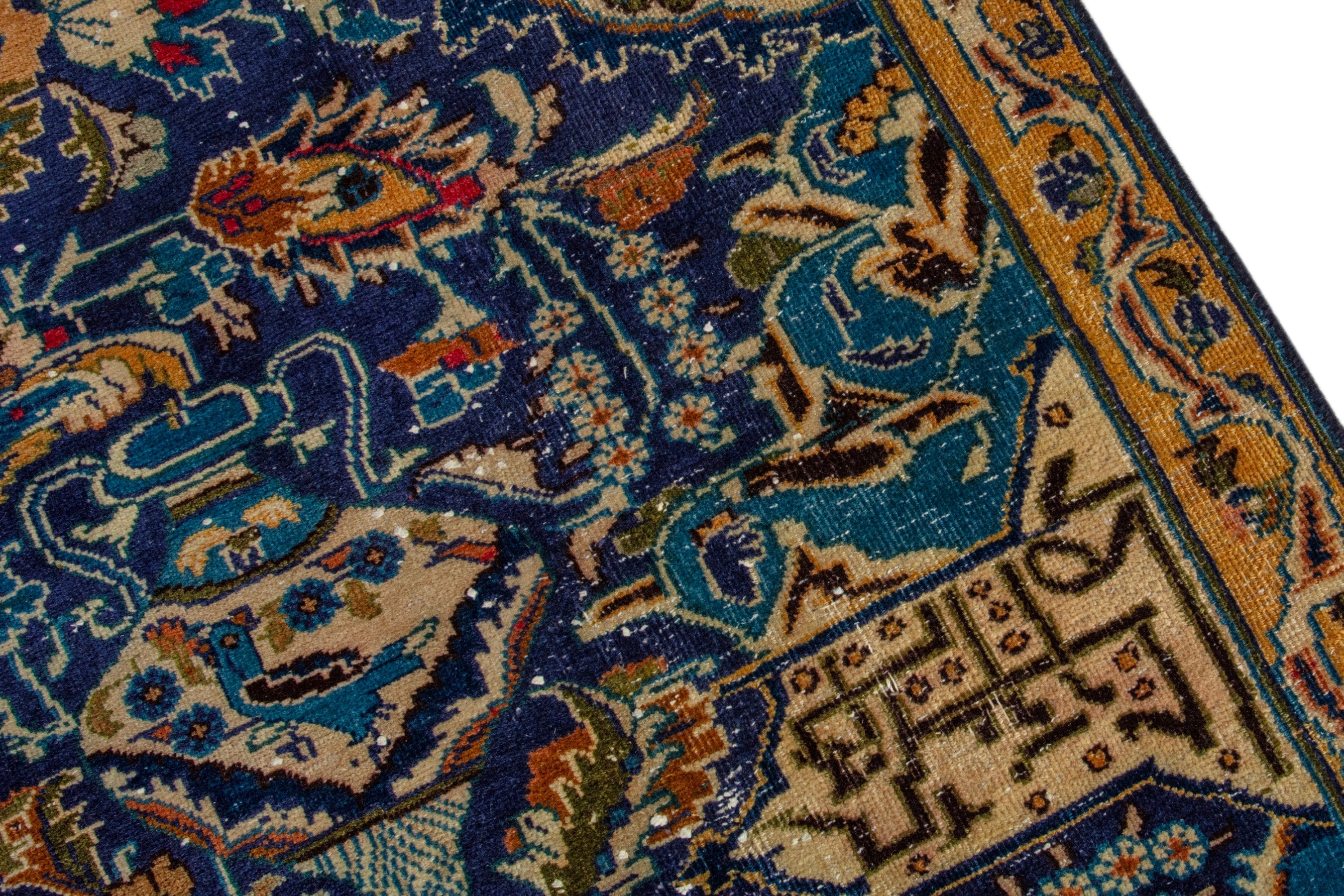 Persian Kashmar area rug in navy and gold, view 7 of 20