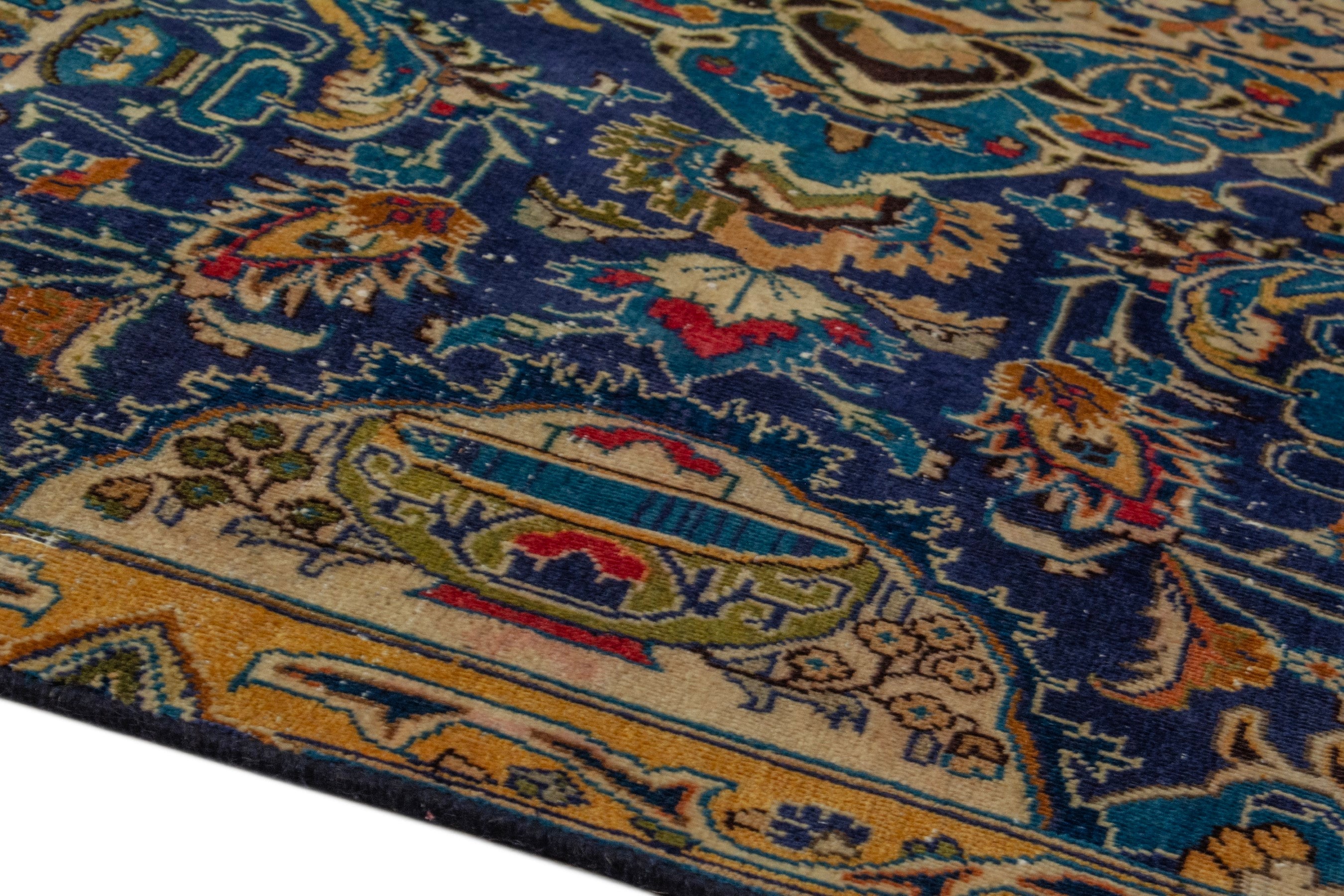 Persian Kashmar area rug in navy and gold, view 8 of 20