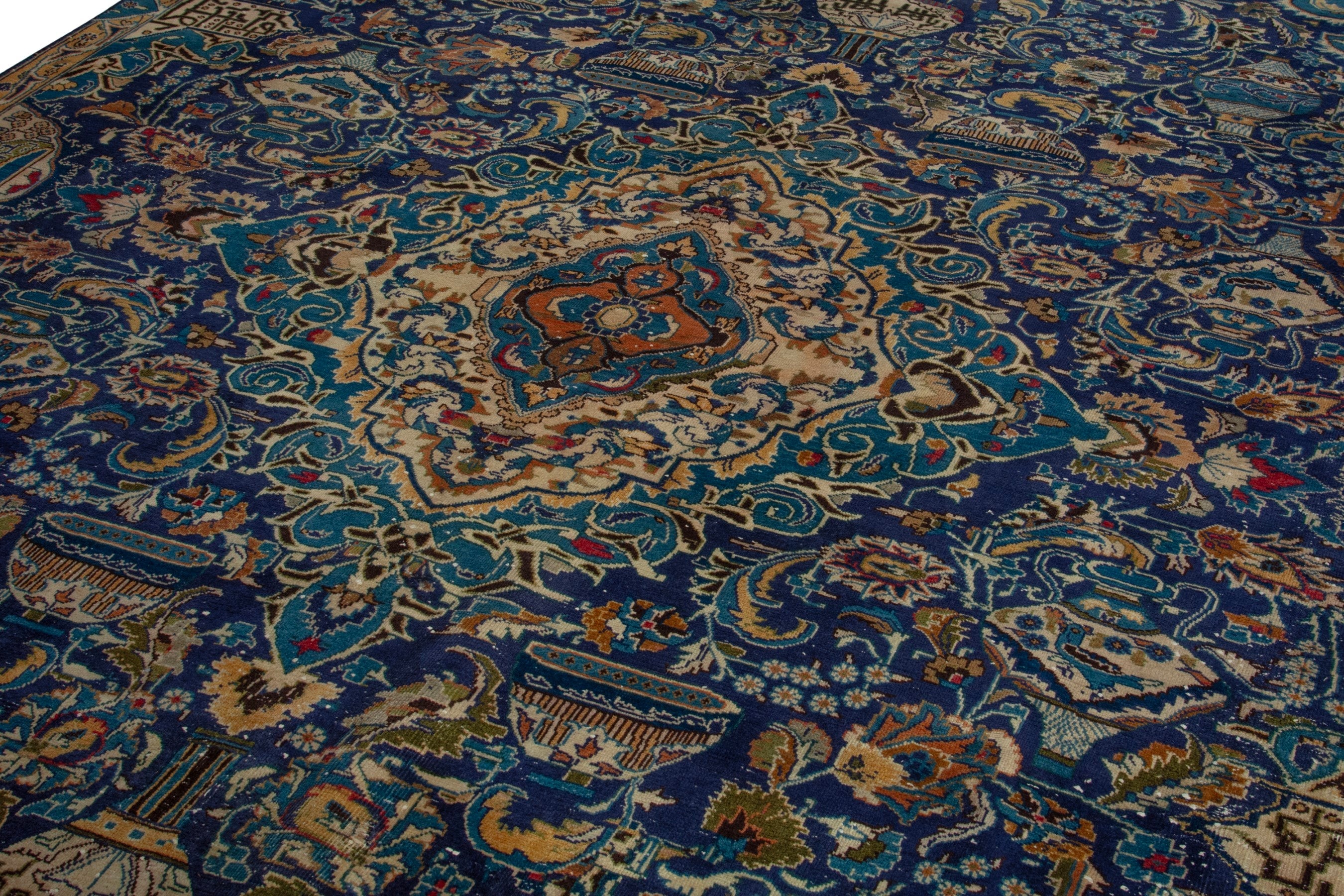 Persian Kashmar area rug in navy and gold, view 9 of 20