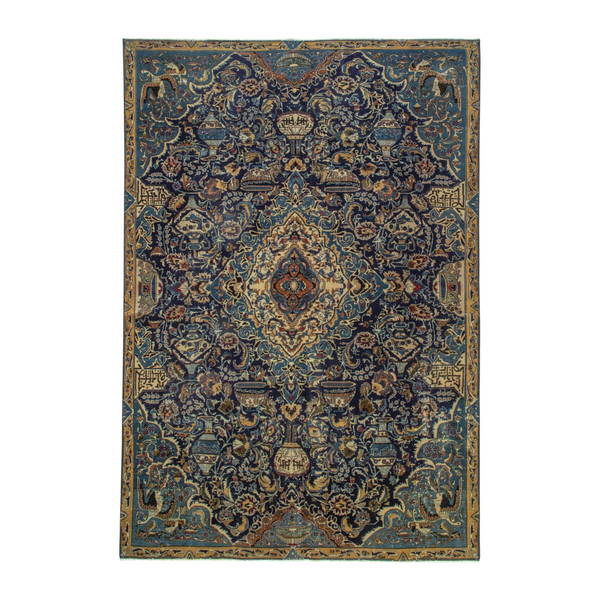 Persian Kashmar area rug in navy and gold, 7'4" x 10'3"