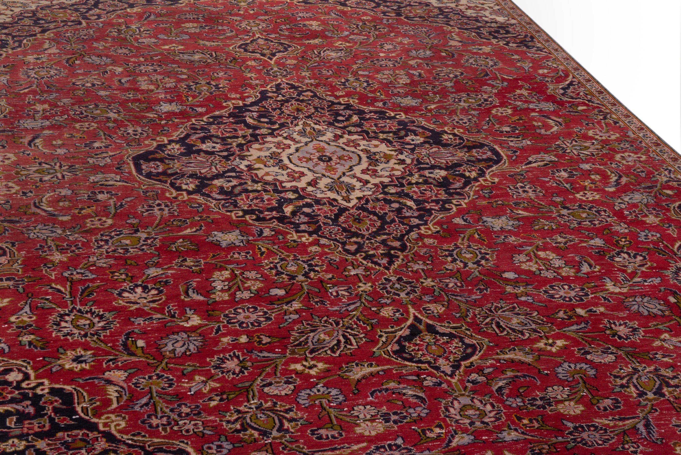 Persian Kashan area rug in deep red and navy, view 10 of 18