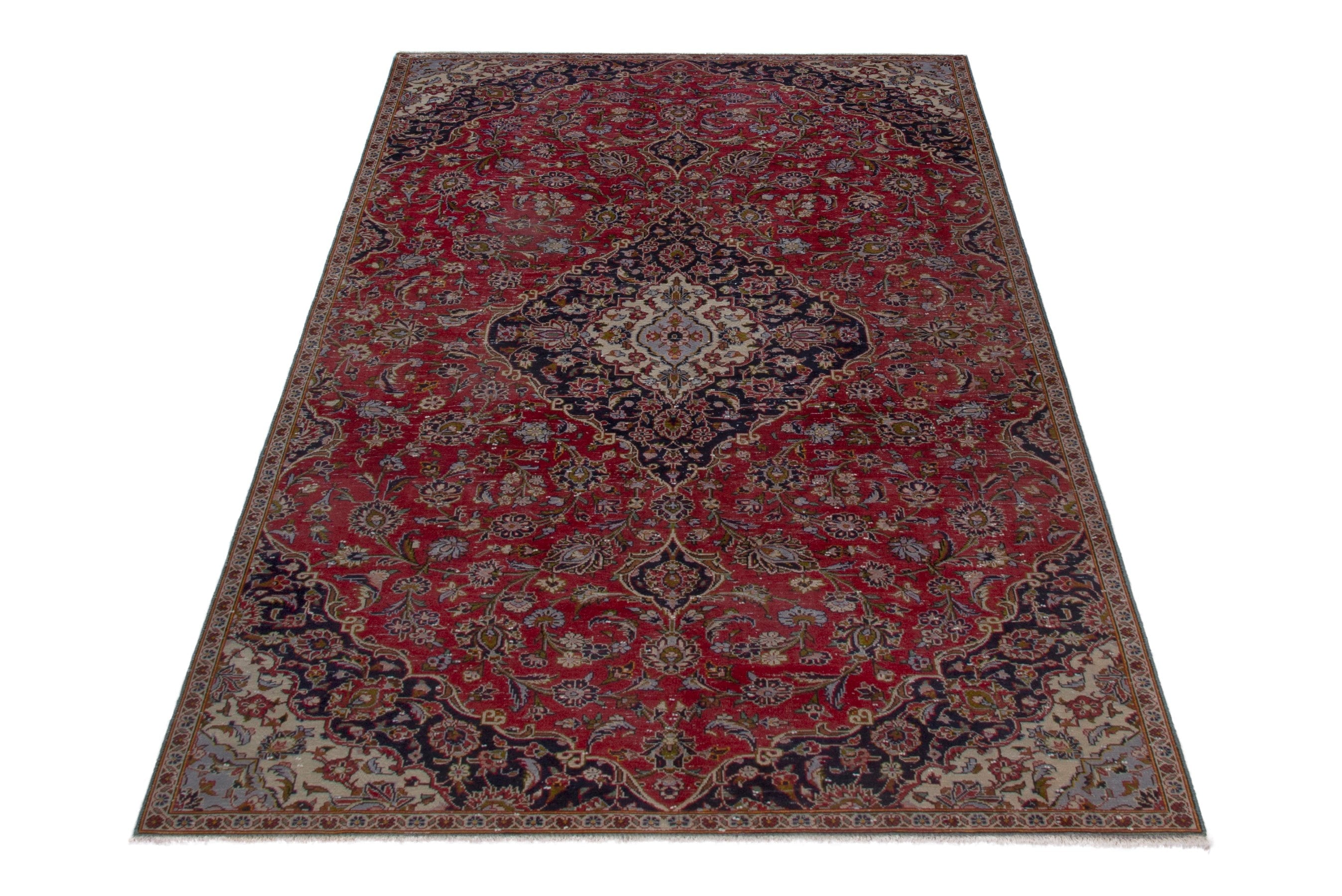 Persian Kashan area rug in deep red and navy, view 2 of 18