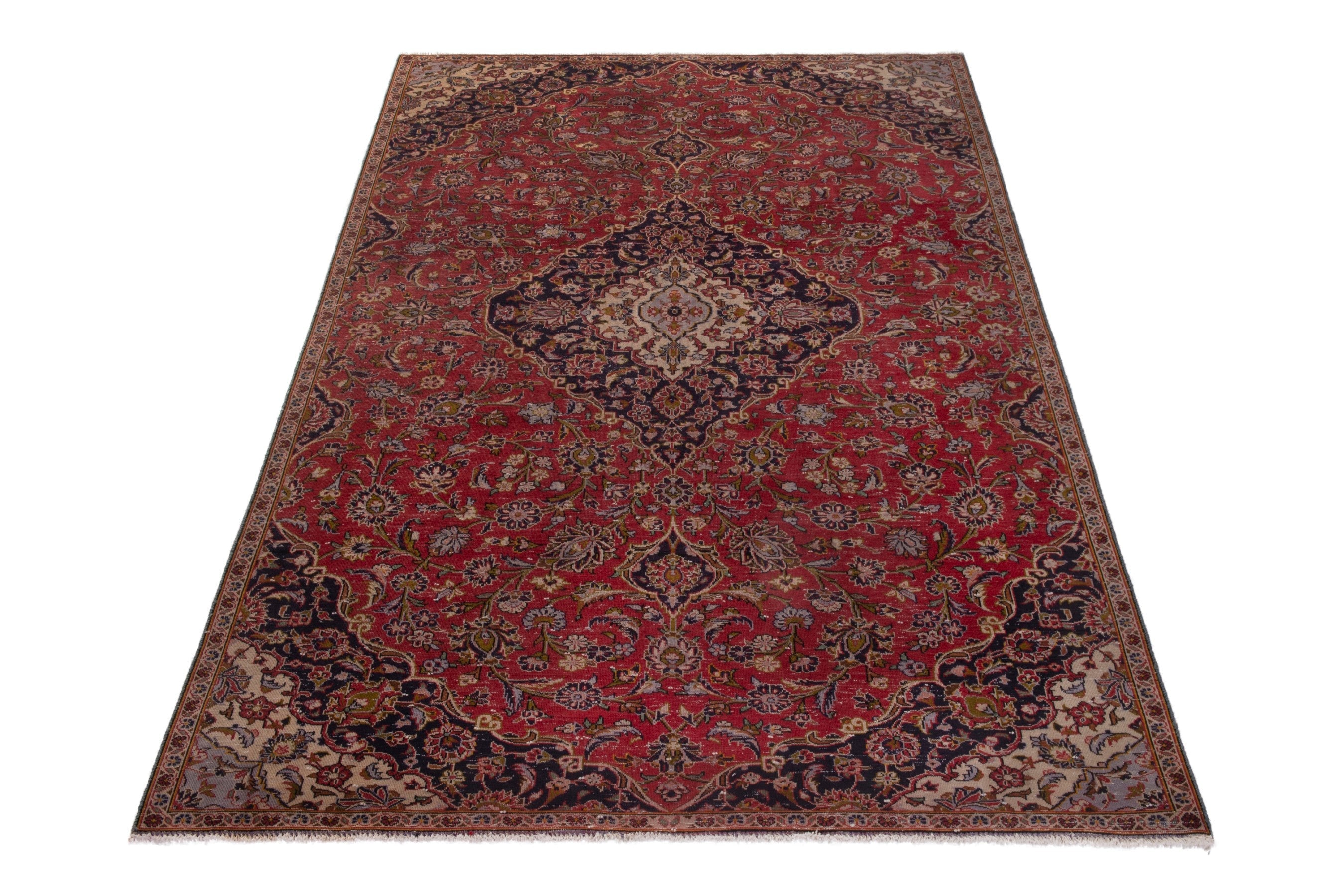 Persian Kashan area rug in deep red and navy, view 3 of 18