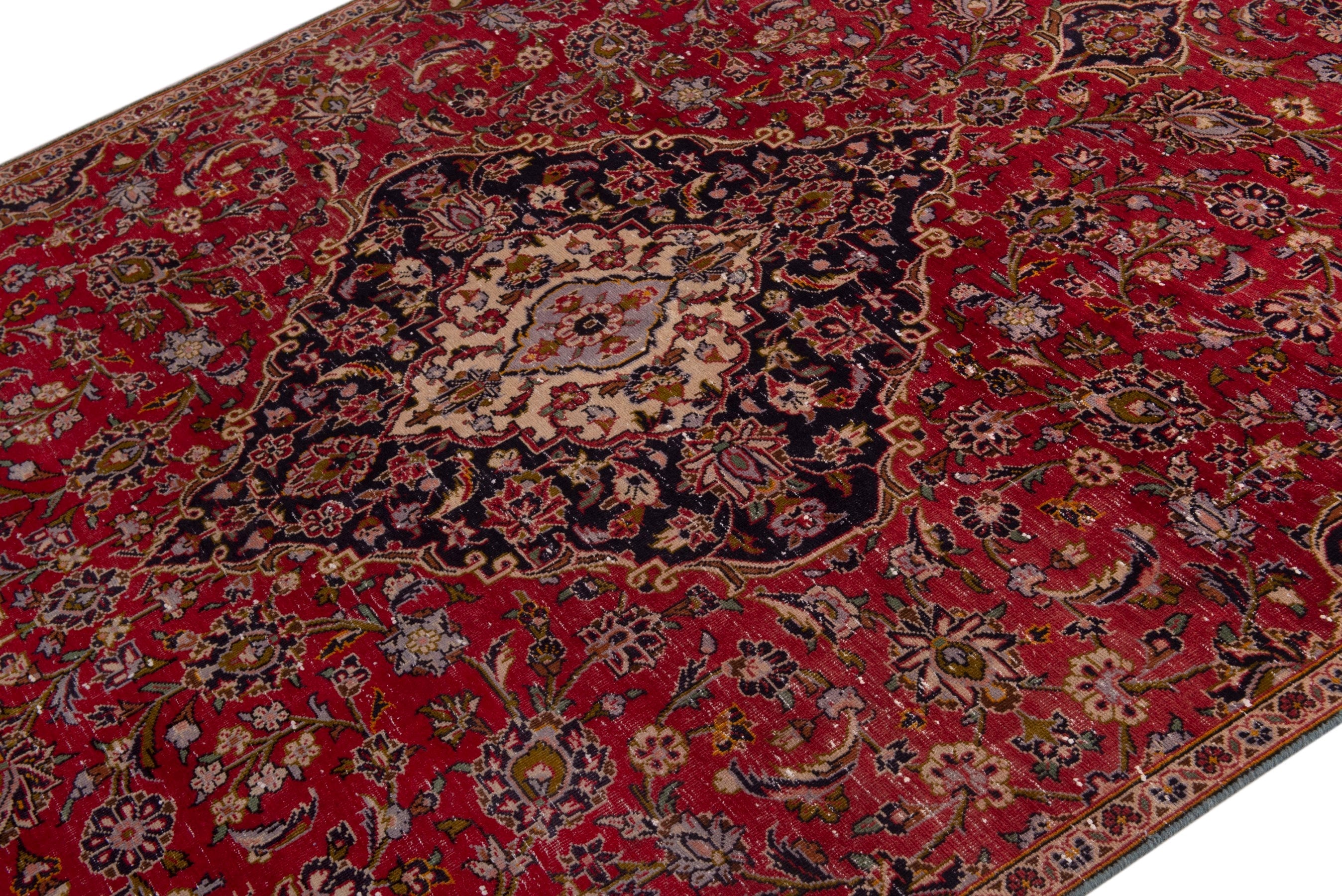 Persian Kashan area rug in deep red and navy, view 4 of 18