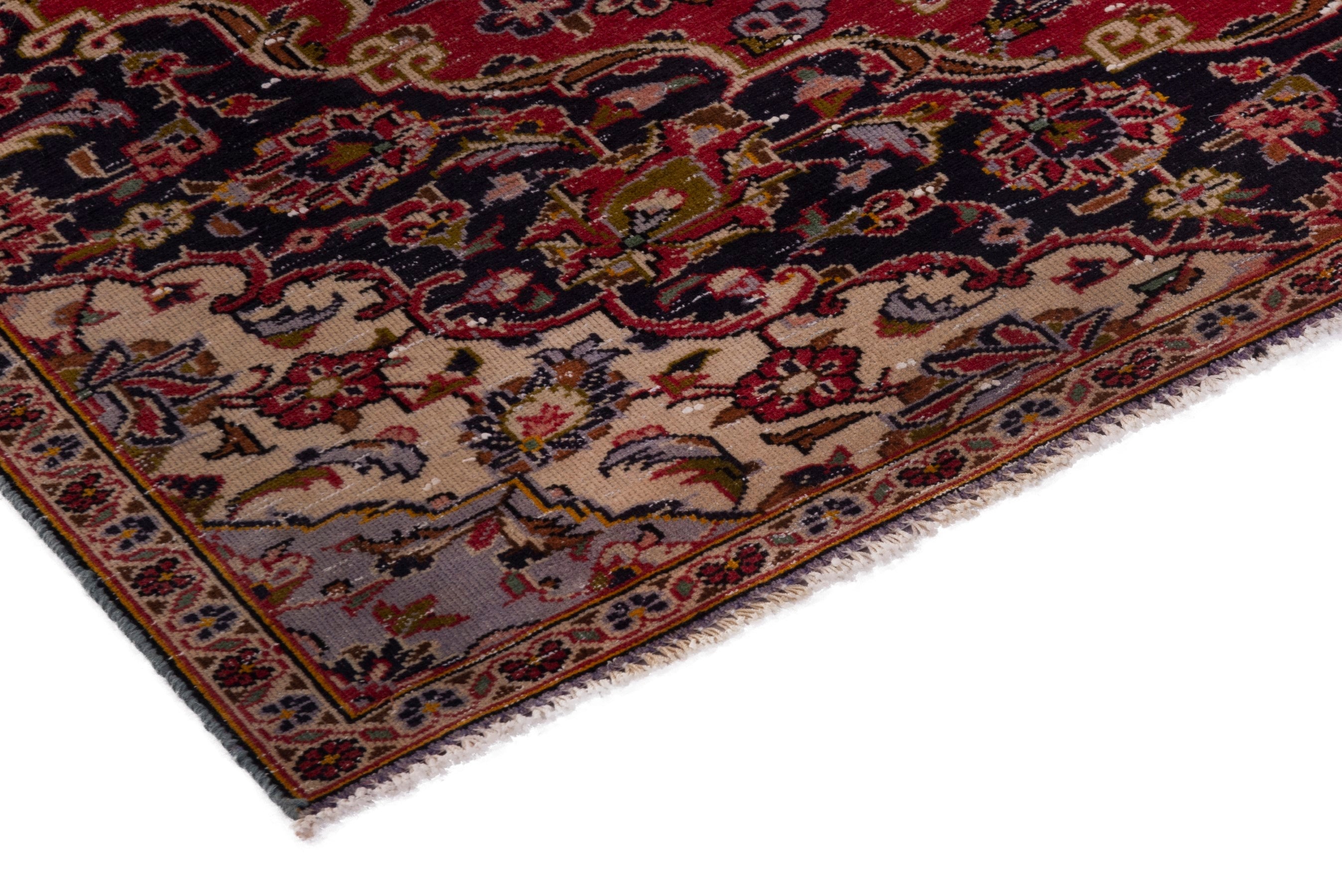 Persian Kashan area rug in deep red and navy, view 6 of 18