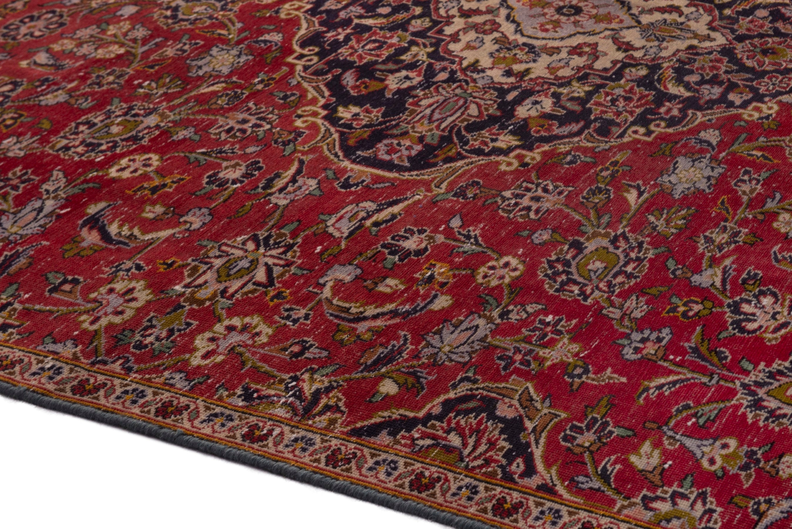 Persian Kashan area rug in deep red and navy, view 8 of 18