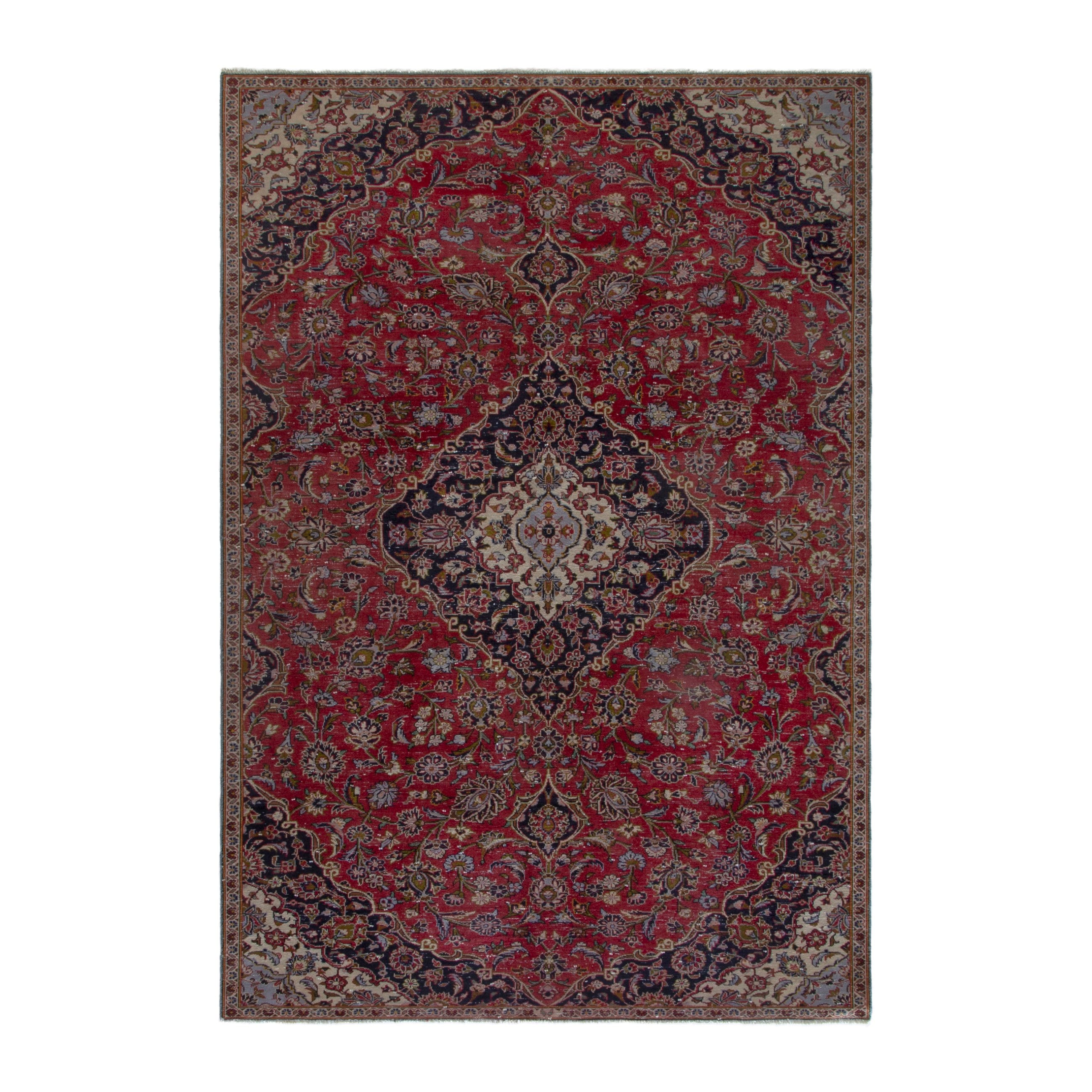 Persian Kashan area rug in deep red and navy, 6'3" x 9'6"