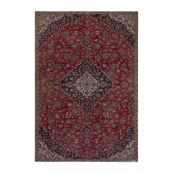Persian Kashan area rug in deep red and navy, 6'3" x 9'6"