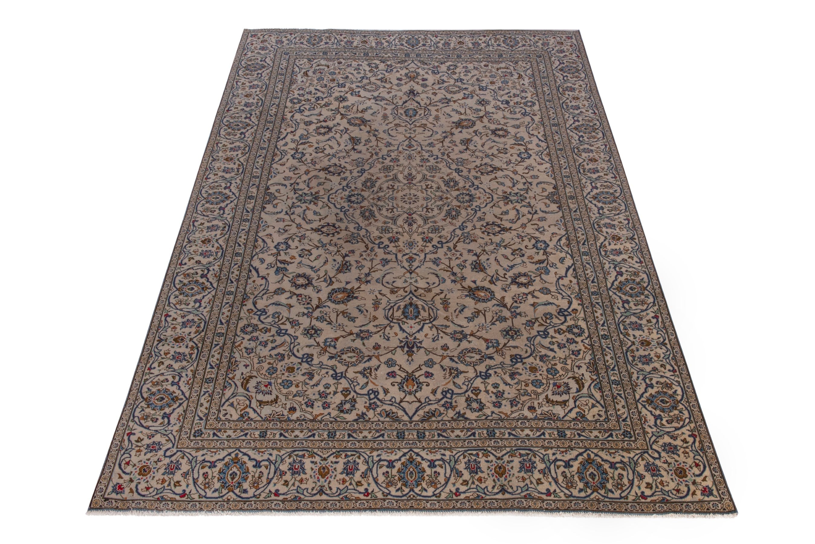 Persian Kashan oversized rug in cream and dark taupe, view 3 of 22