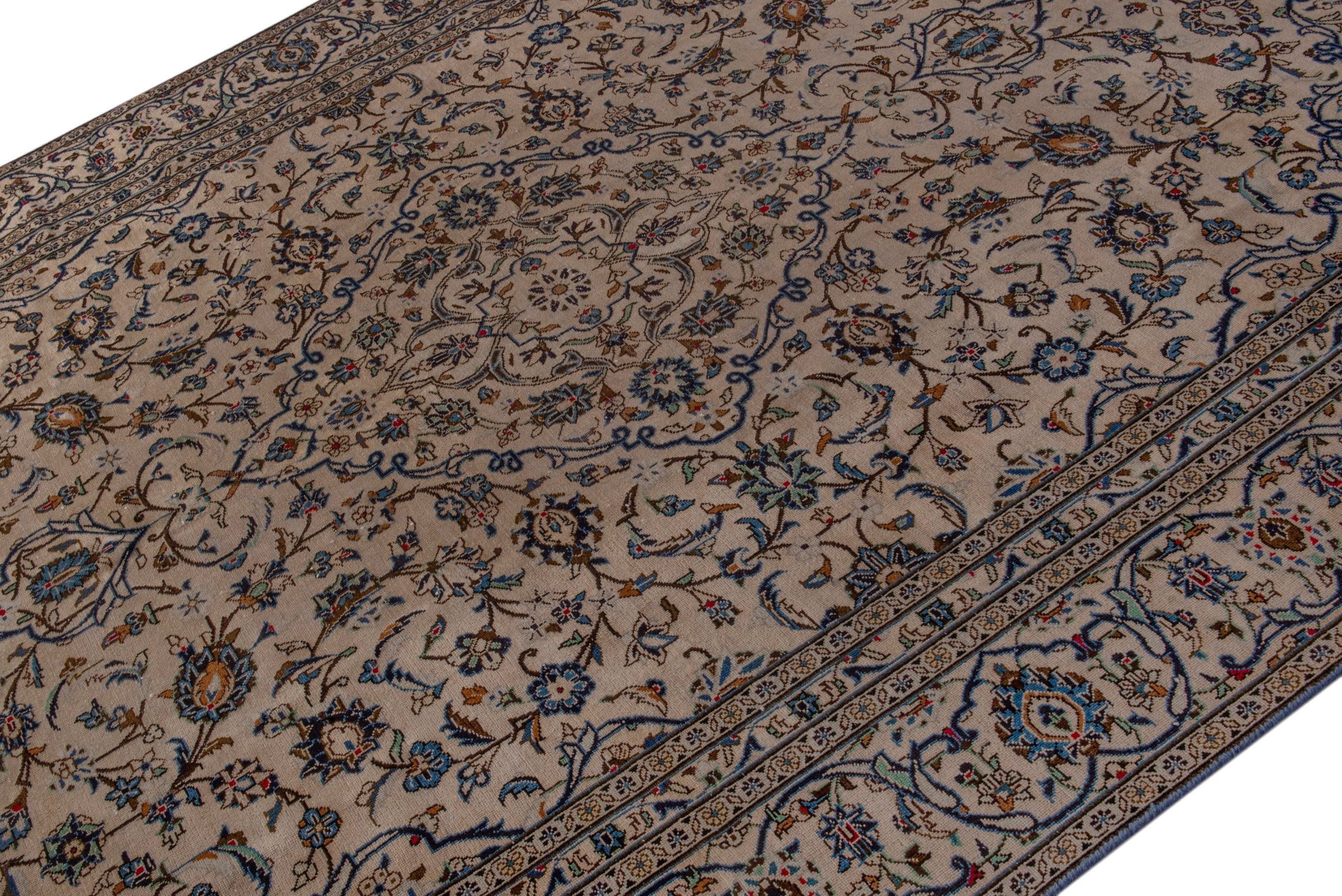 Persian Kashan oversized rug in cream and dark taupe, view 4 of 22