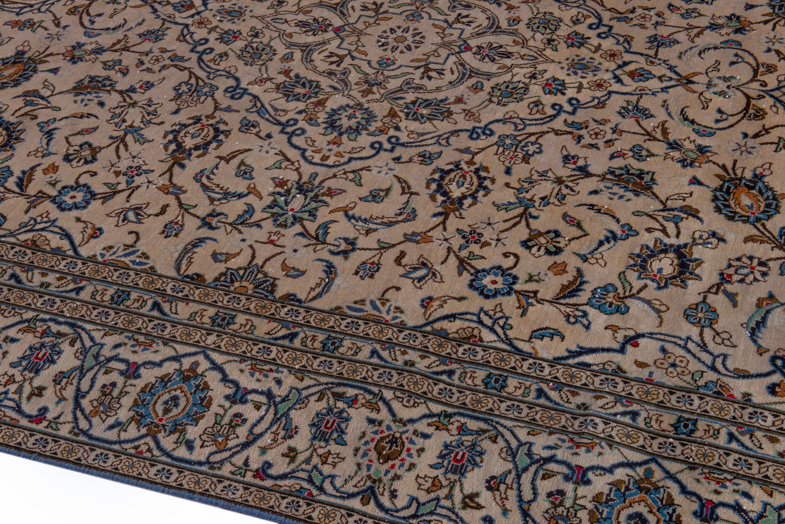 Persian Kashan oversized rug in cream and dark taupe, view 8 of 22