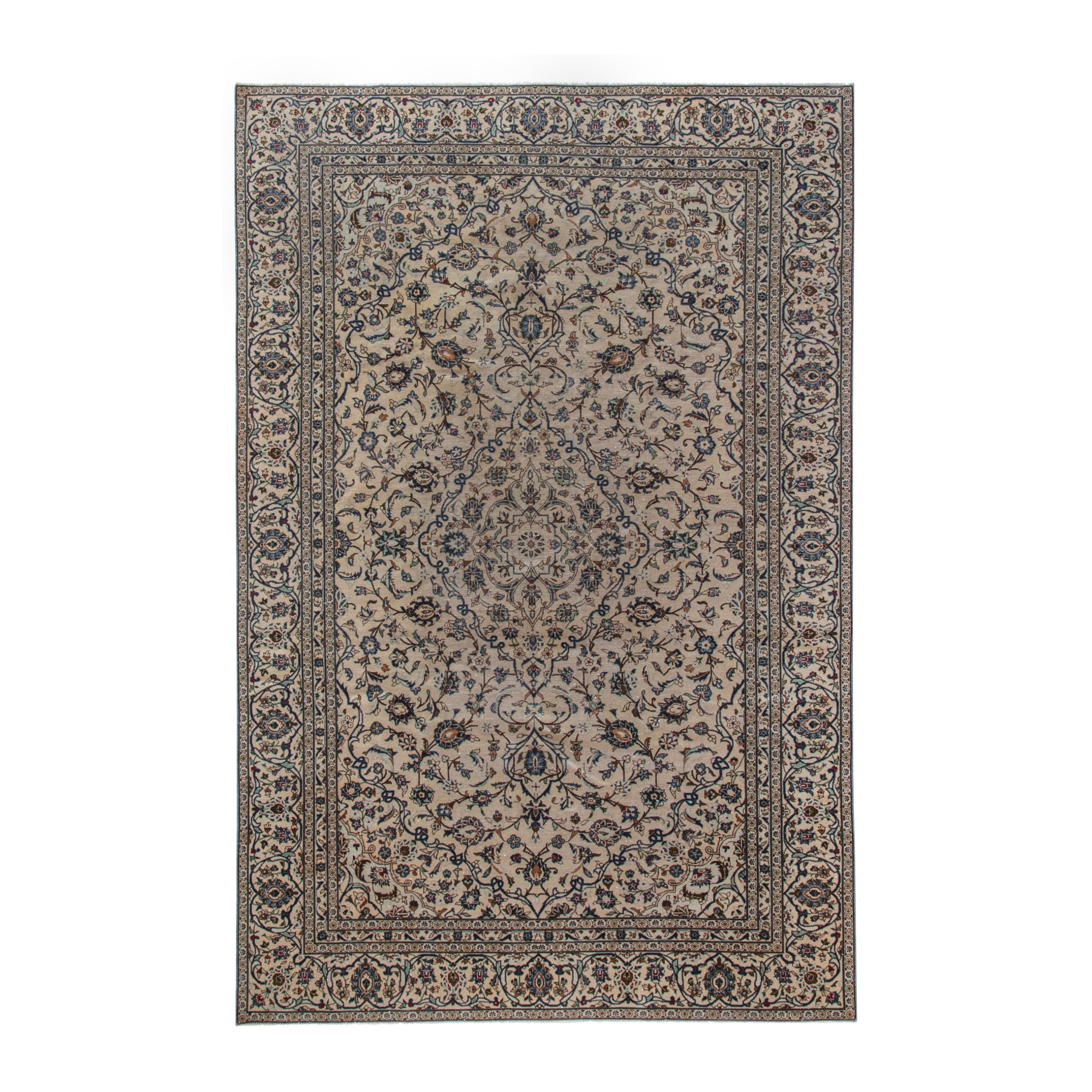 Persian Kashan oversized rug in cream and dark taupe, 7'7" x 11'2"