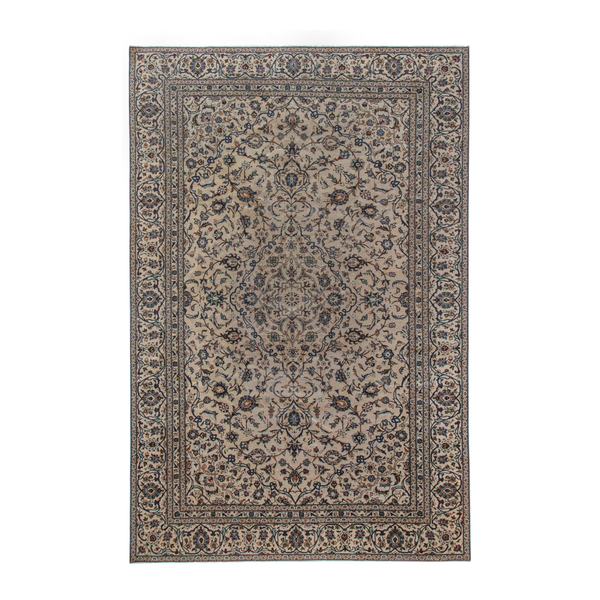 Persian Kashan oversized rug in cream and dark taupe, 7'7" x 11'2"