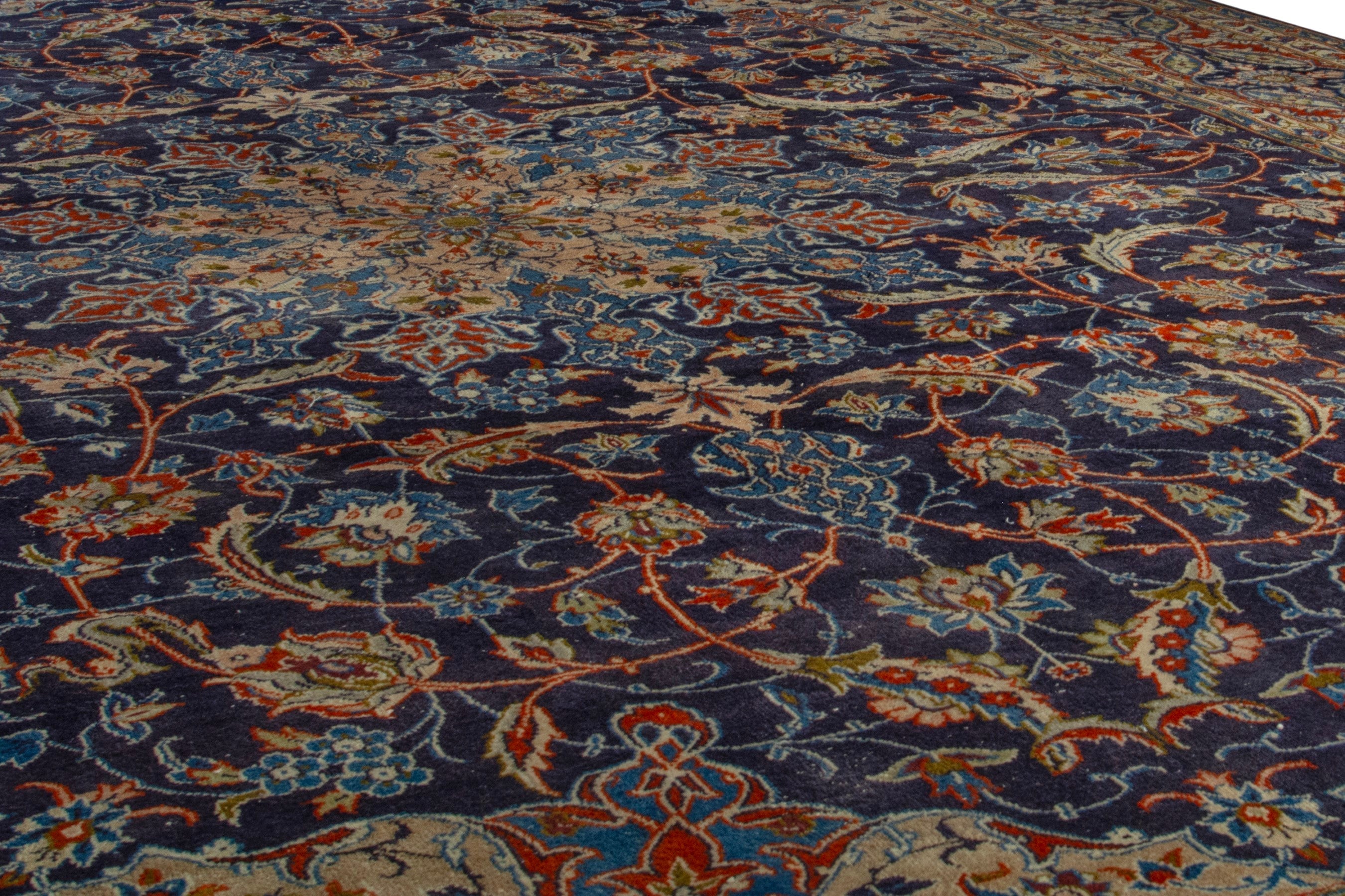 Persian Kashmar oversized rug in navy and terracotta, view 10 of 19