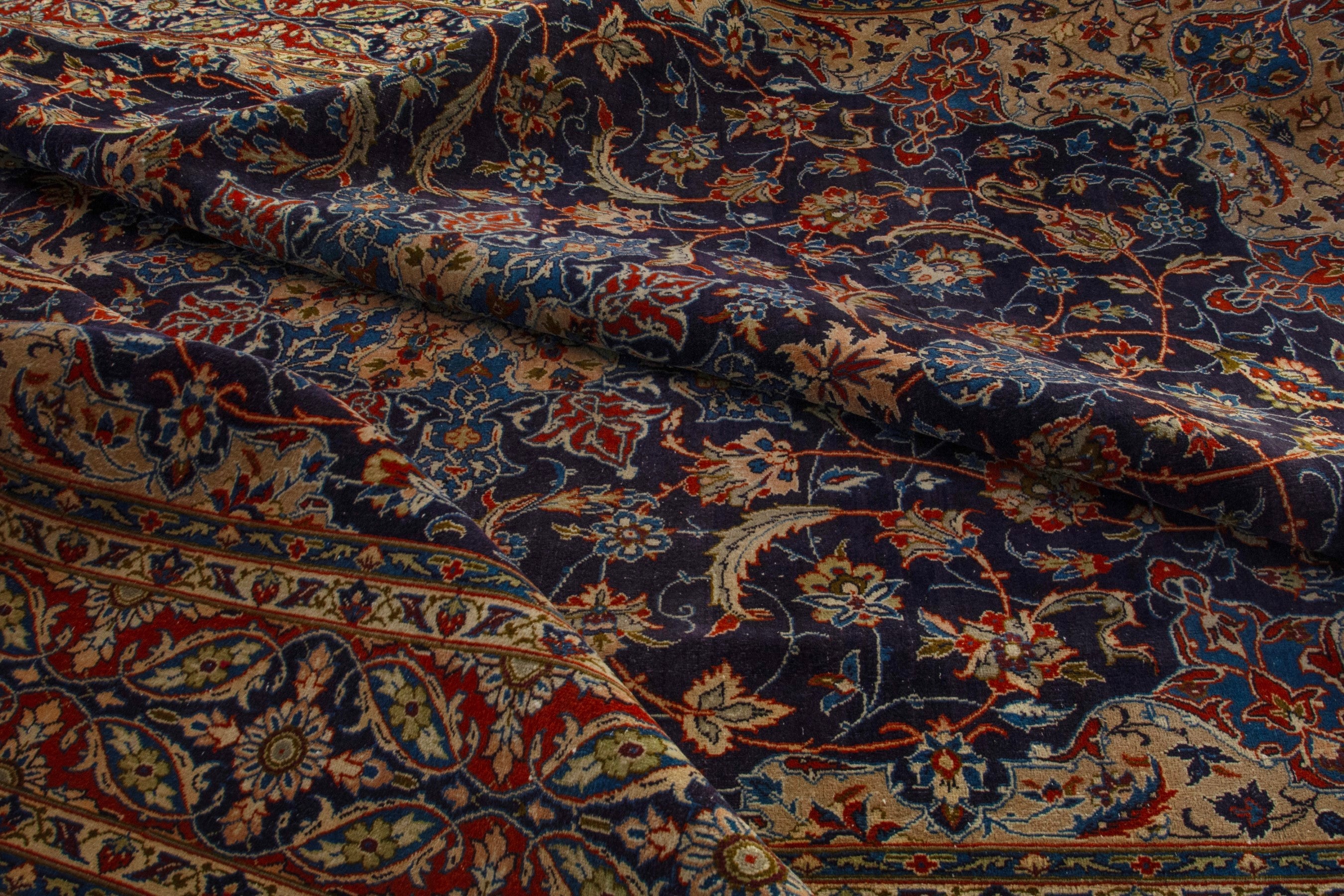 Persian Kashmar oversized rug in navy and terracotta, view 18 of 19
