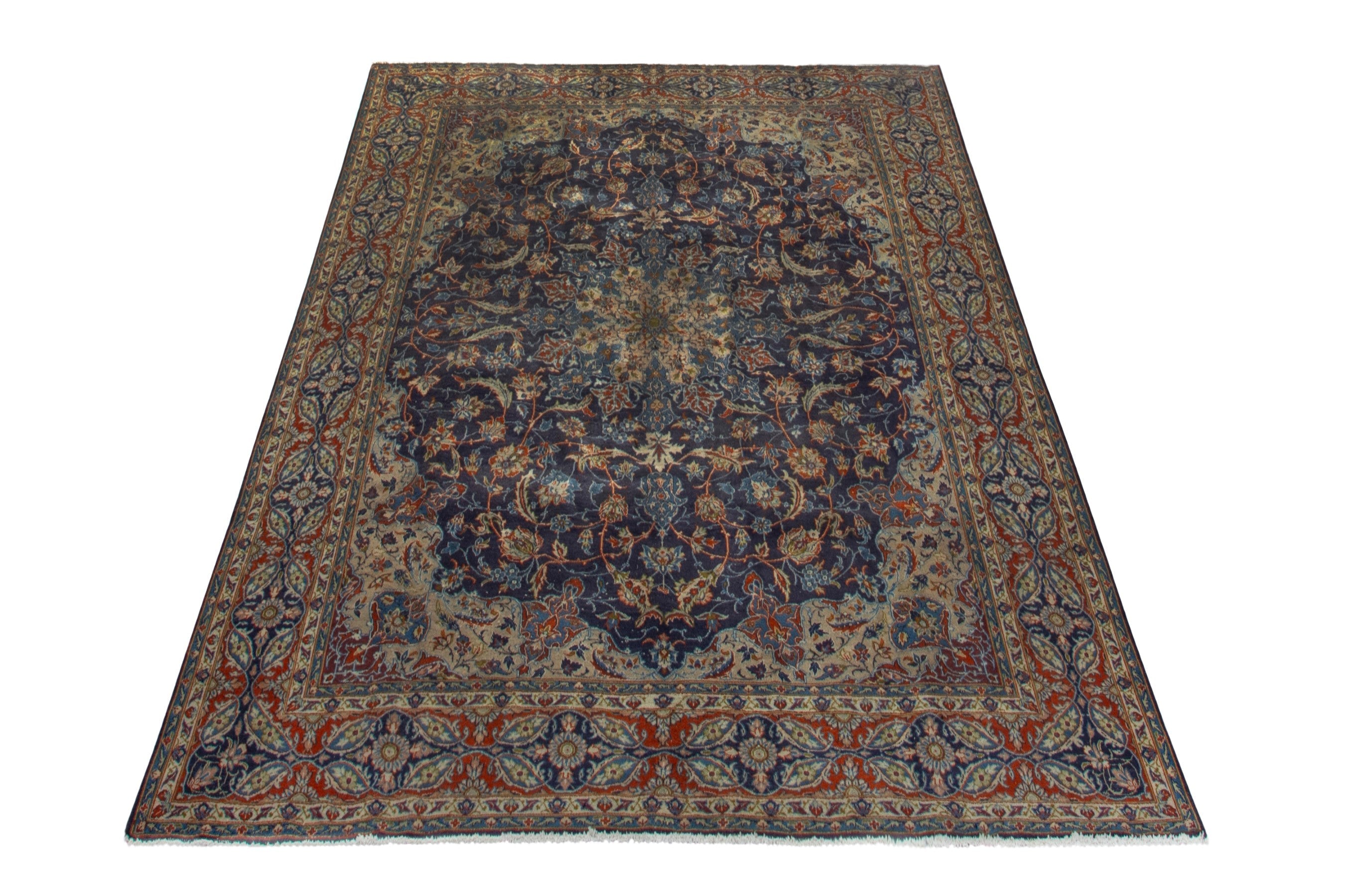 Persian Kashmar oversized rug in navy and terracotta, view 2 of 19