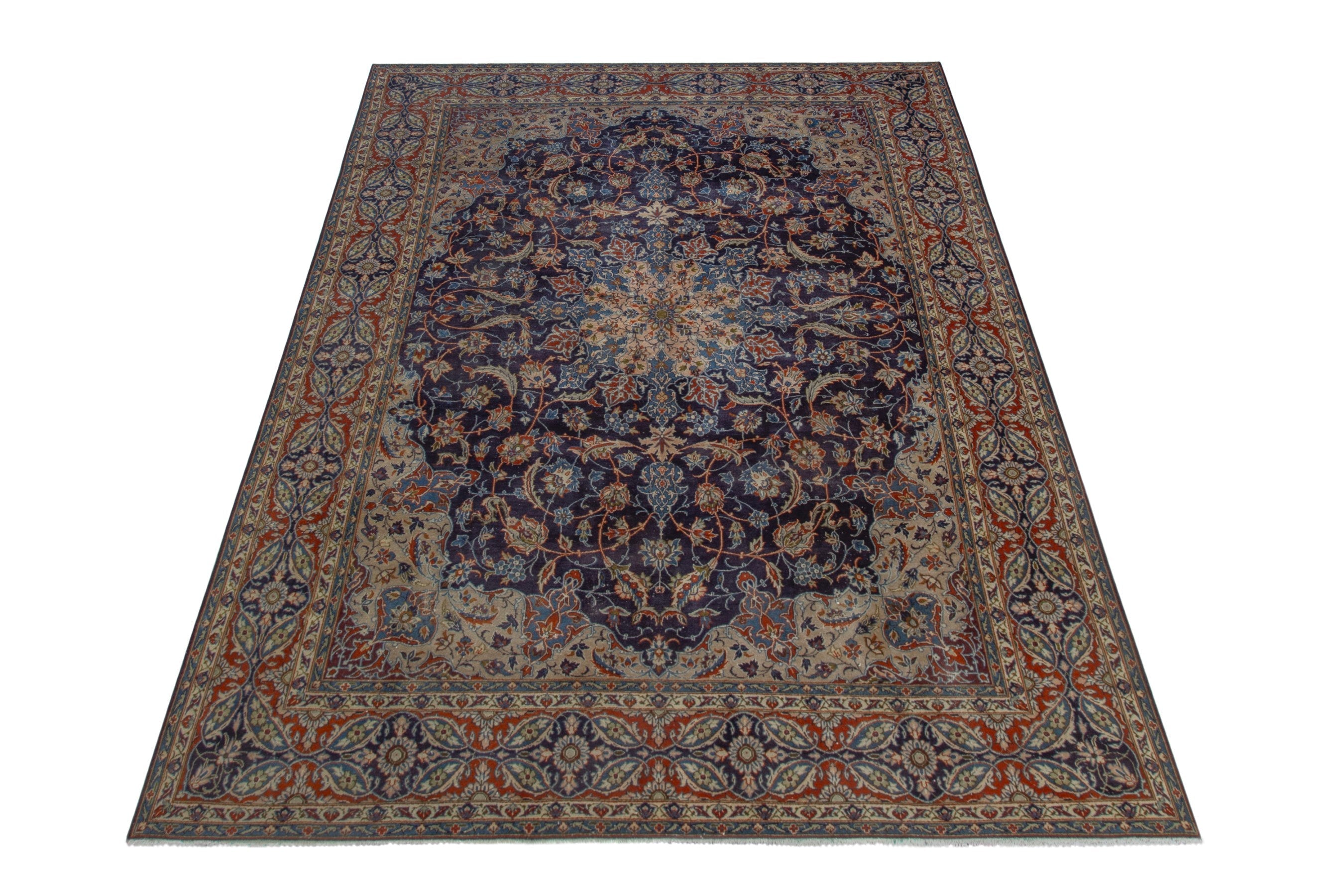Persian Kashmar oversized rug in navy and terracotta, view 3 of 19