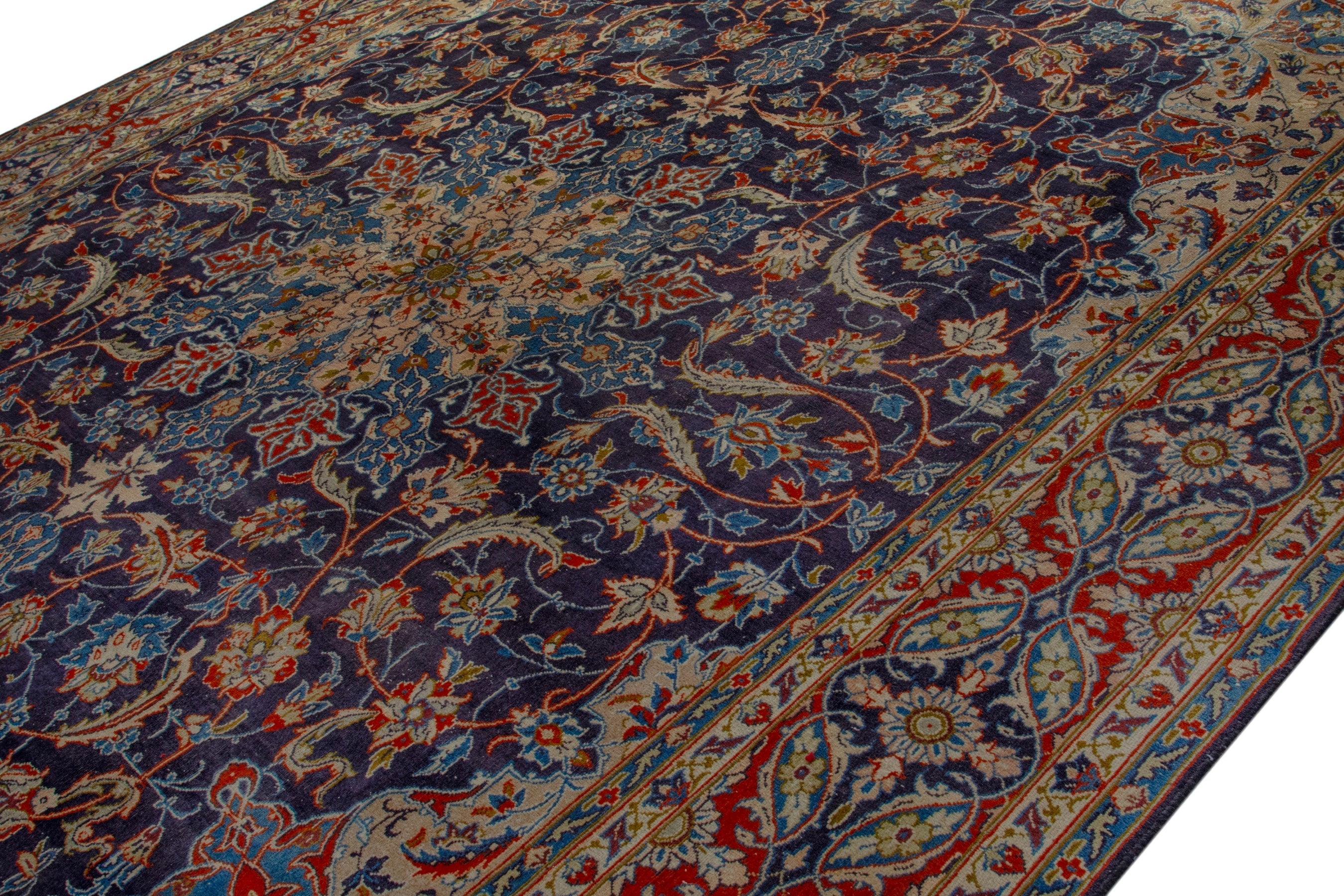 Persian Kashmar oversized rug in navy and terracotta, view 4 of 19