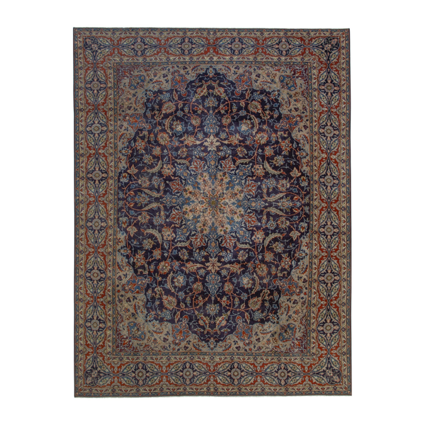 Persian Kashmar oversized rug in navy and terracotta, 9'10" x 13'
