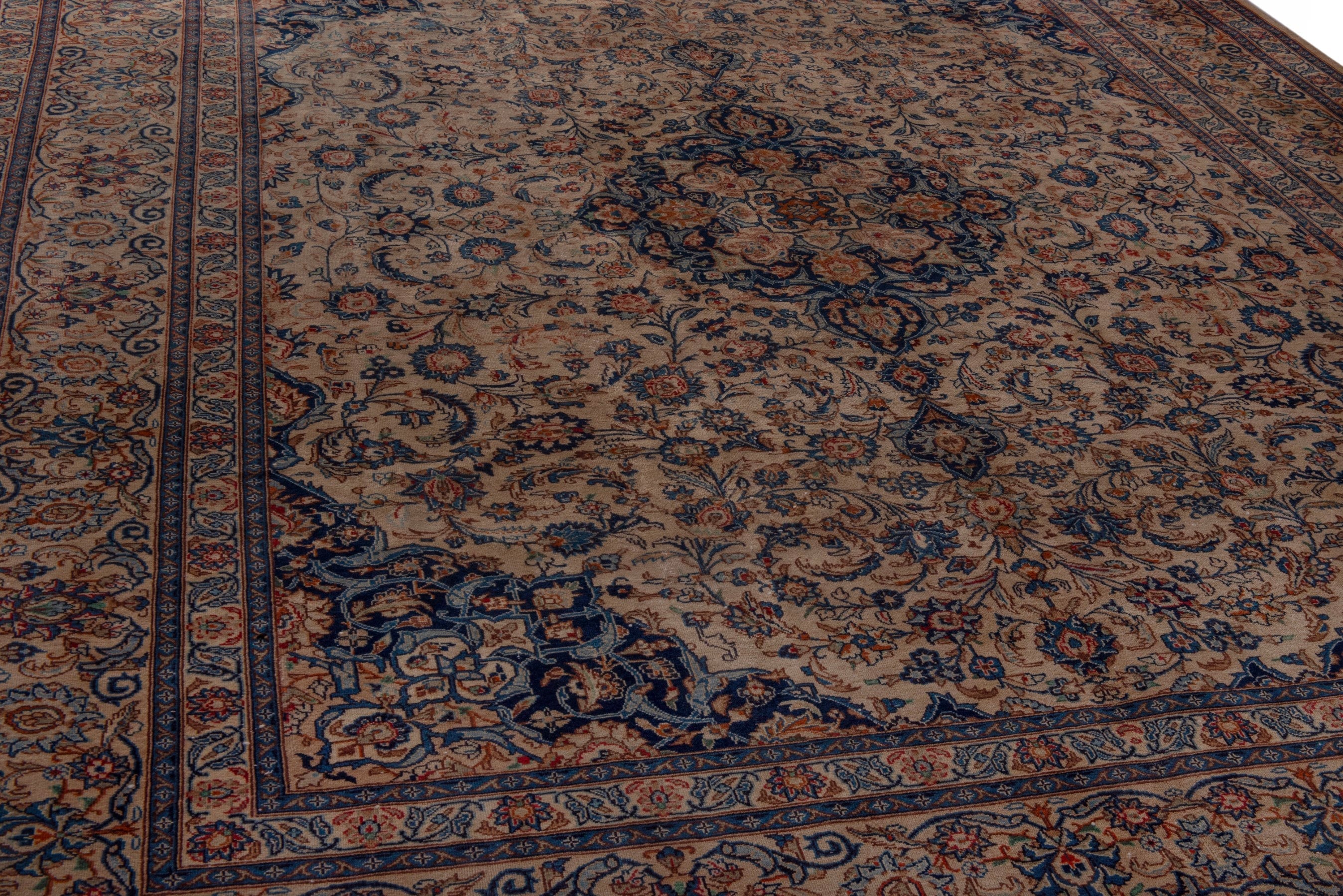 Persian Kashmar oversized rug in cream and navy, view 10 of 25