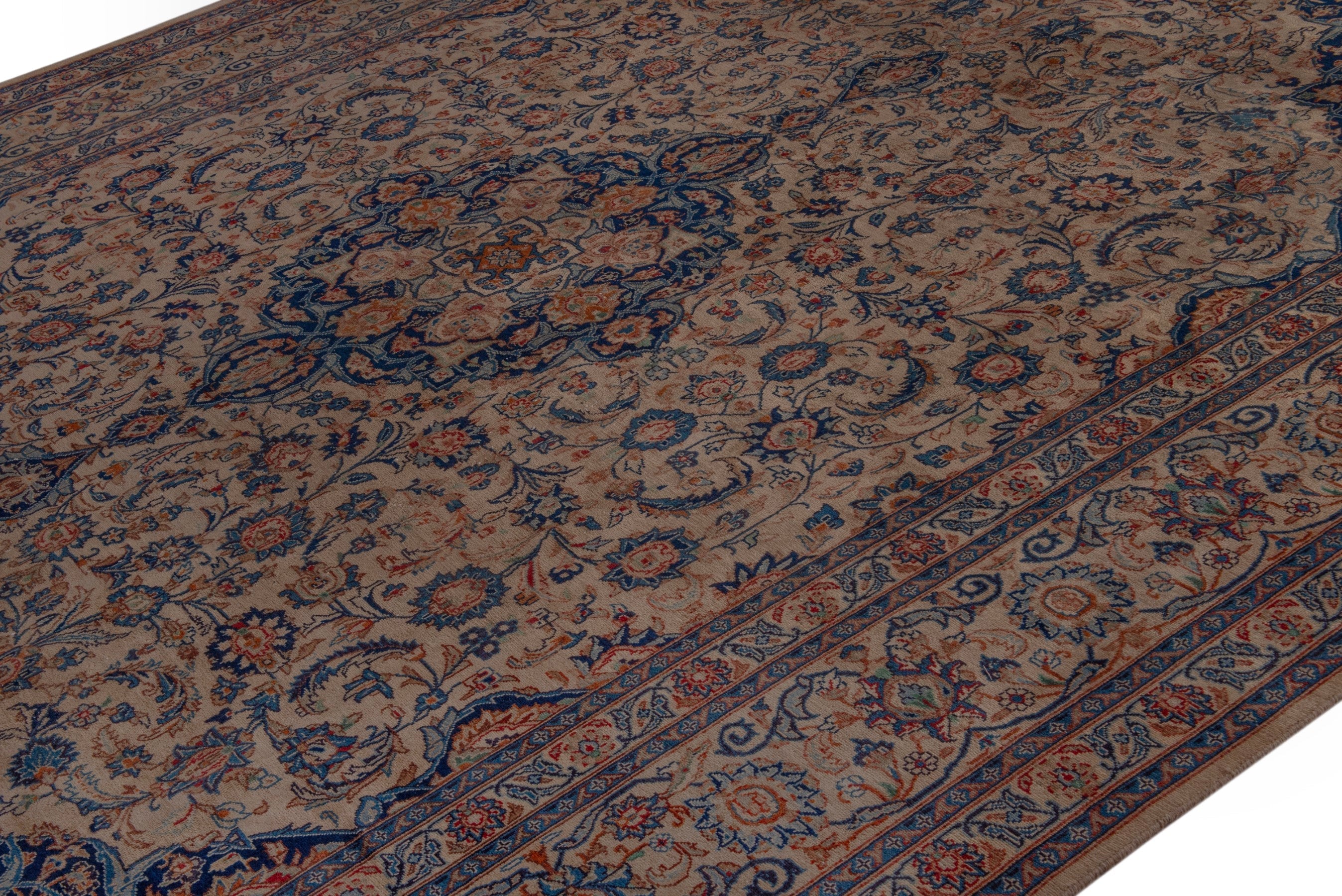 Persian Kashmar oversized rug in cream and navy, view 4 of 25
