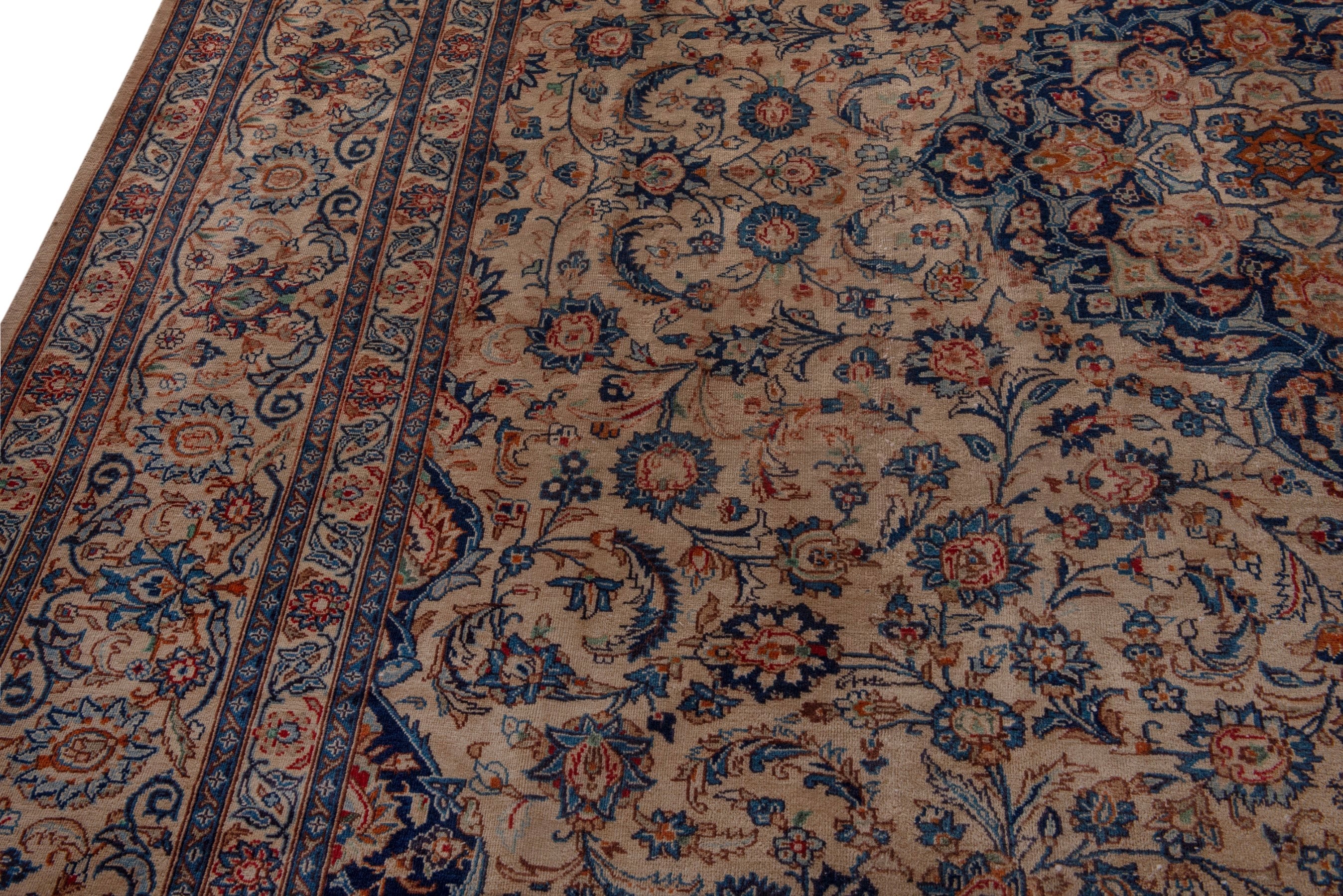 Persian Kashmar oversized rug in cream and navy, view 7 of 25