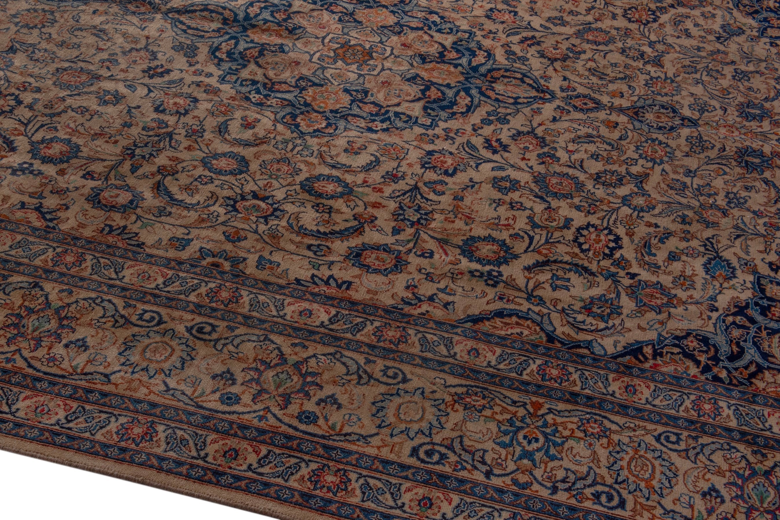 Persian Kashmar oversized rug in cream and navy, view 8 of 25