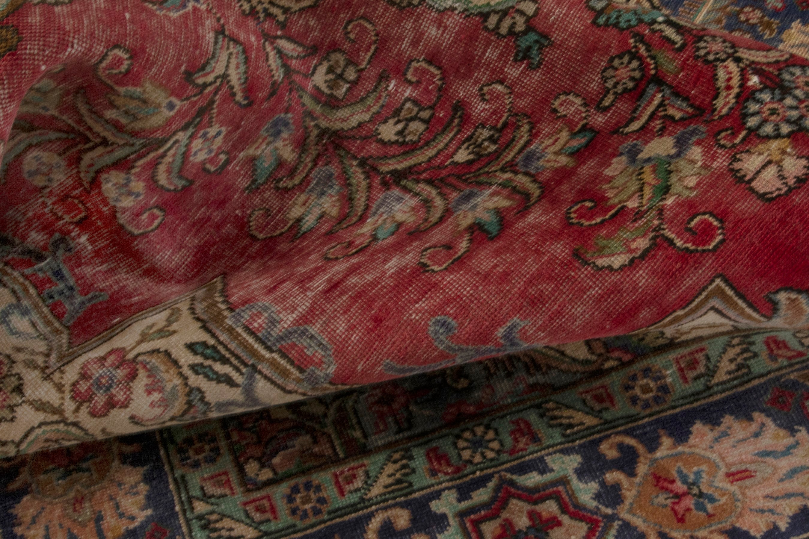 Persian Tabriz area rug in deep red and navy, view 15 of 19