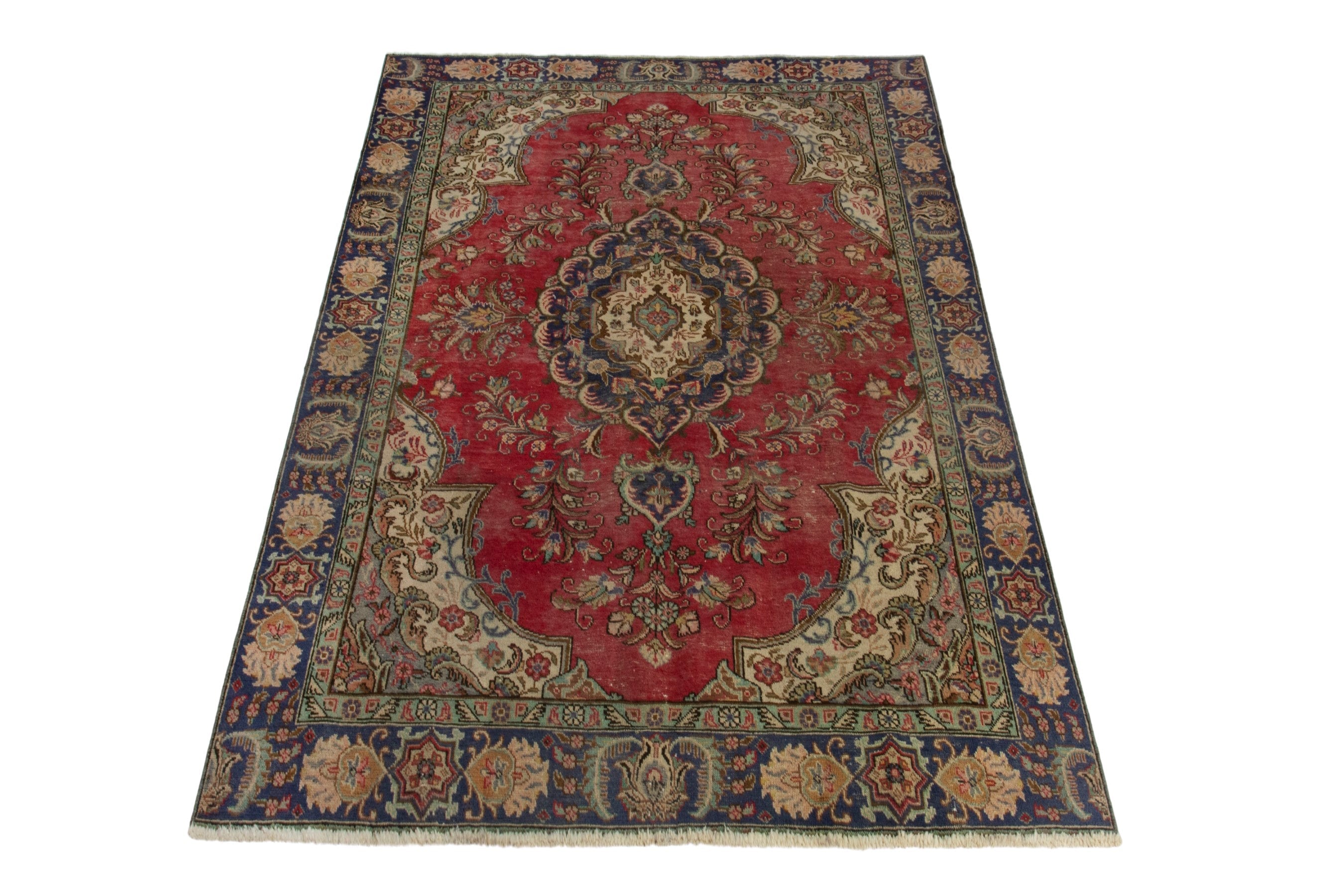 Persian Tabriz area rug in deep red and navy, view 2 of 19