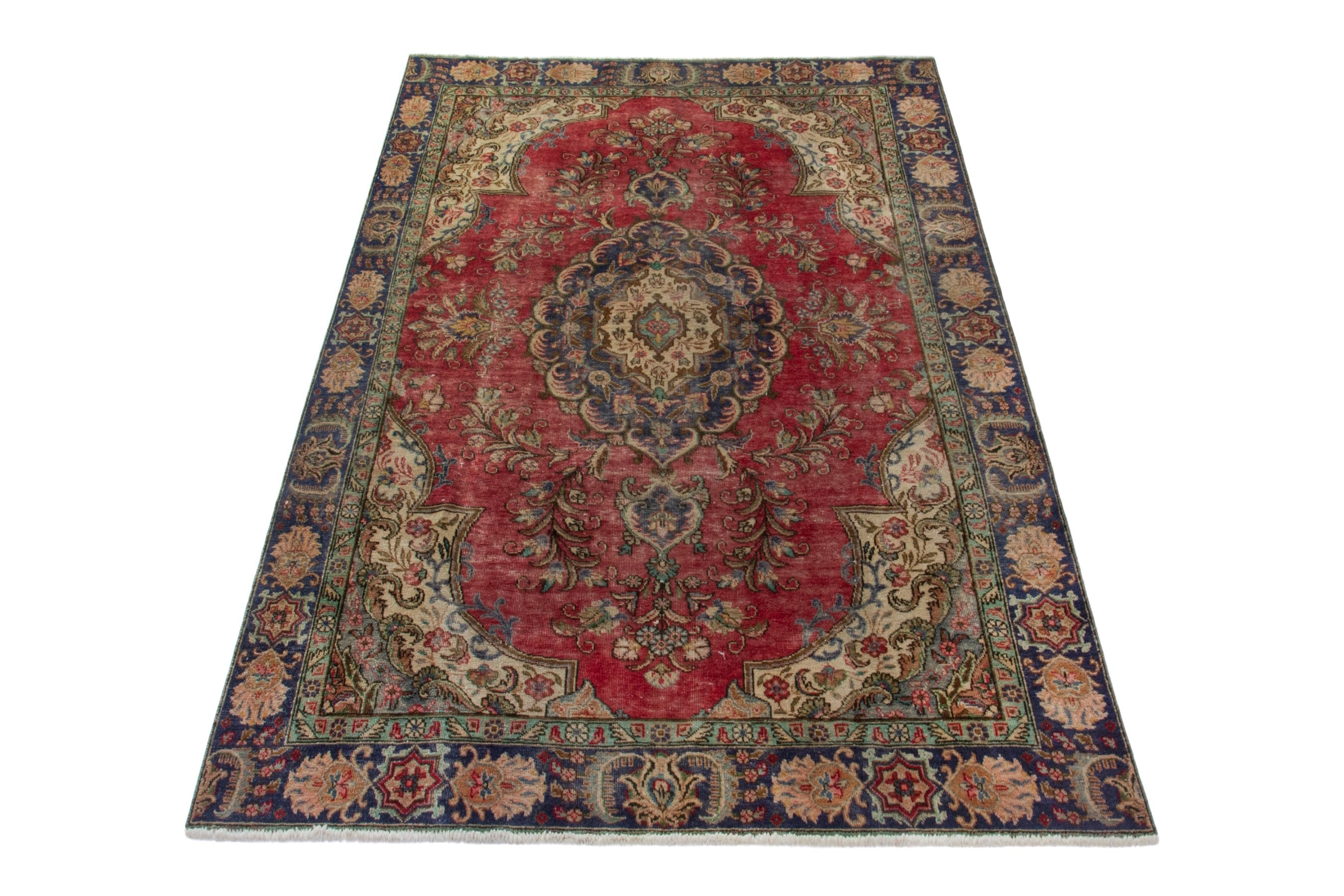Persian Tabriz area rug in deep red and navy, view 3 of 19
