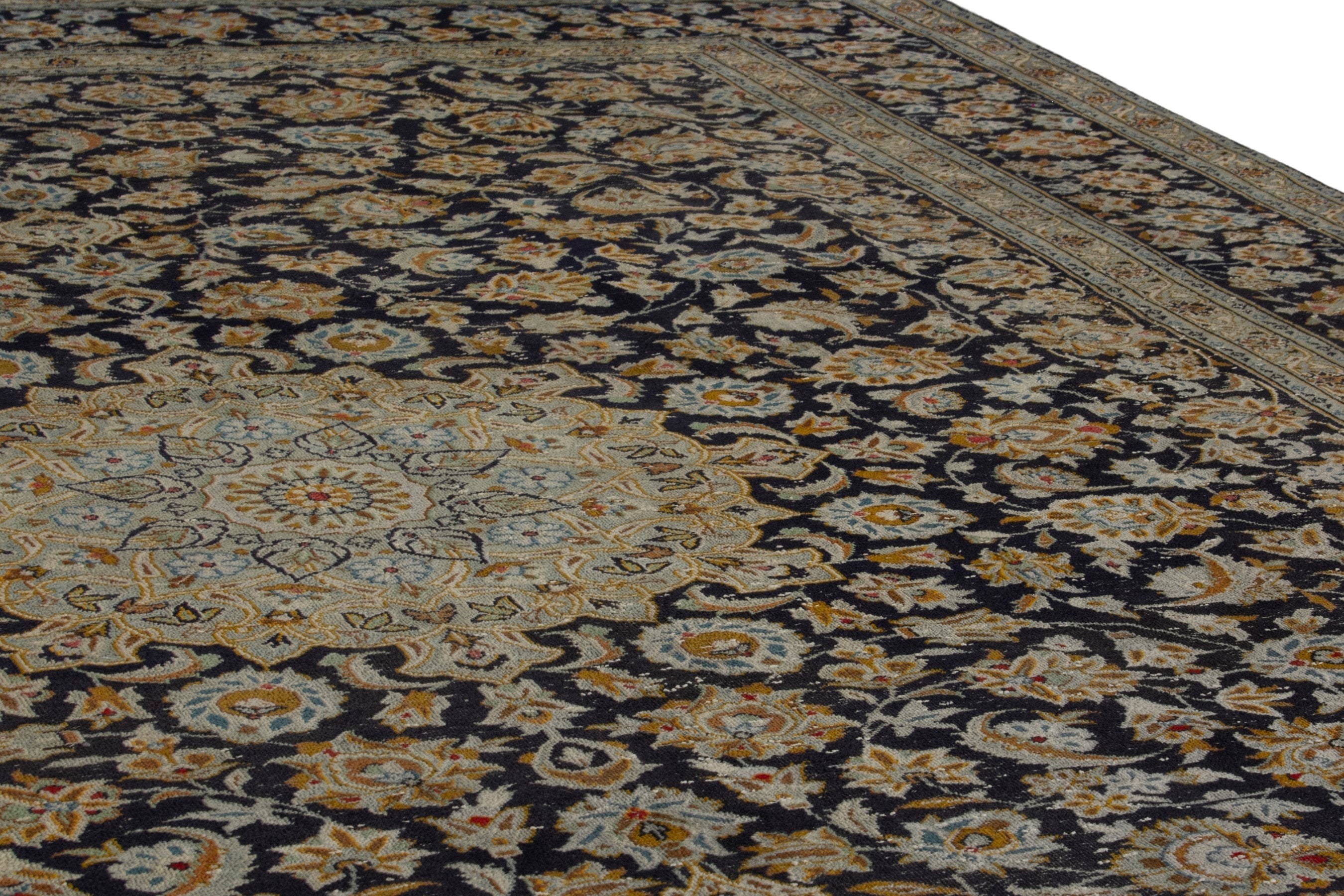 Persian Kashan oversized rug in navy and gold, view 10 of 21