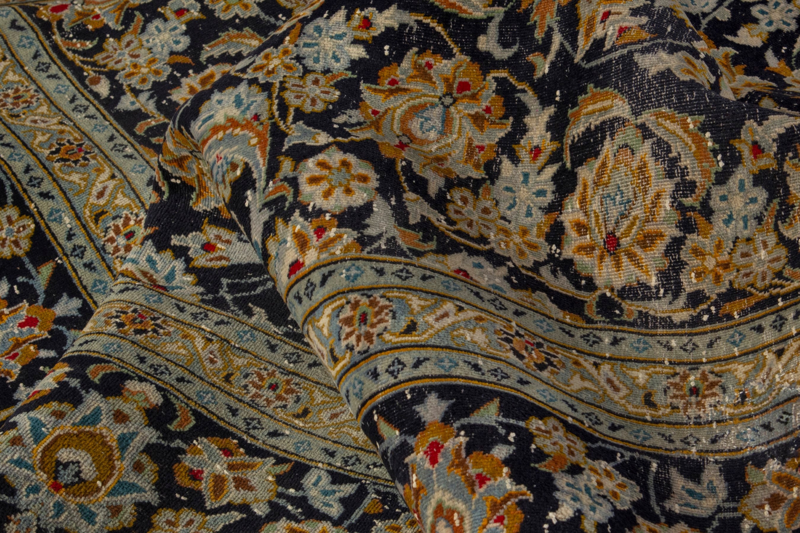 Persian Kashan oversized rug in navy and gold, view 15 of 21