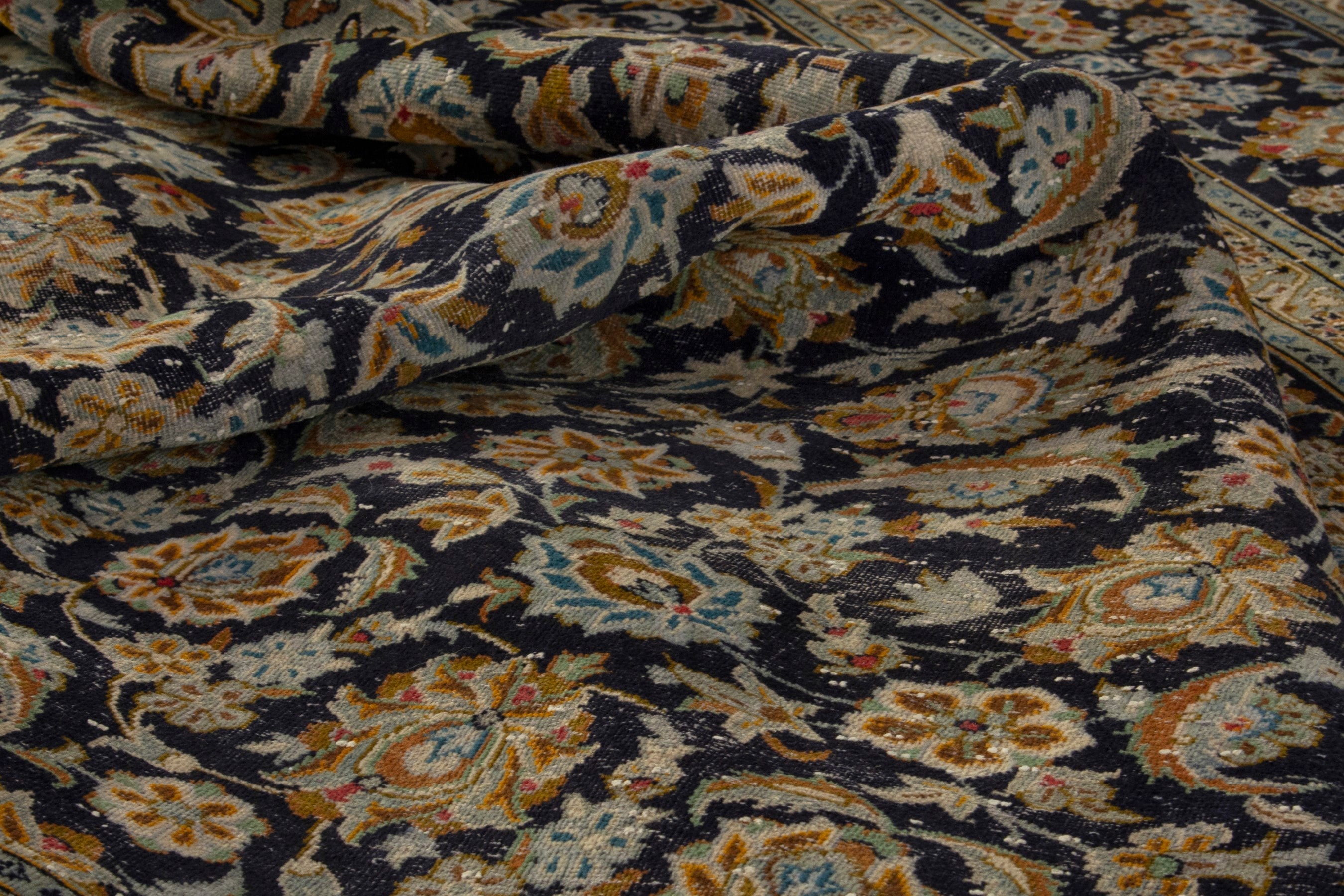 Persian Kashan oversized rug in navy and gold, view 16 of 21