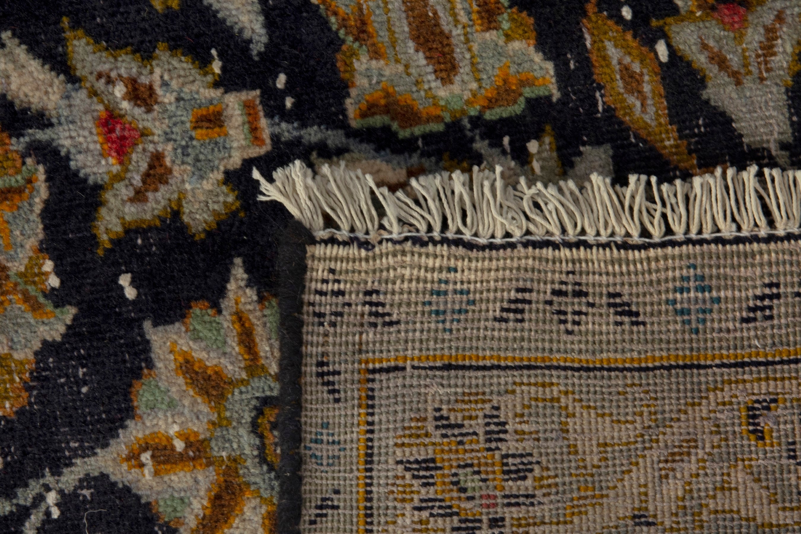 Persian Kashan oversized rug in navy and gold, view 21 of 21
