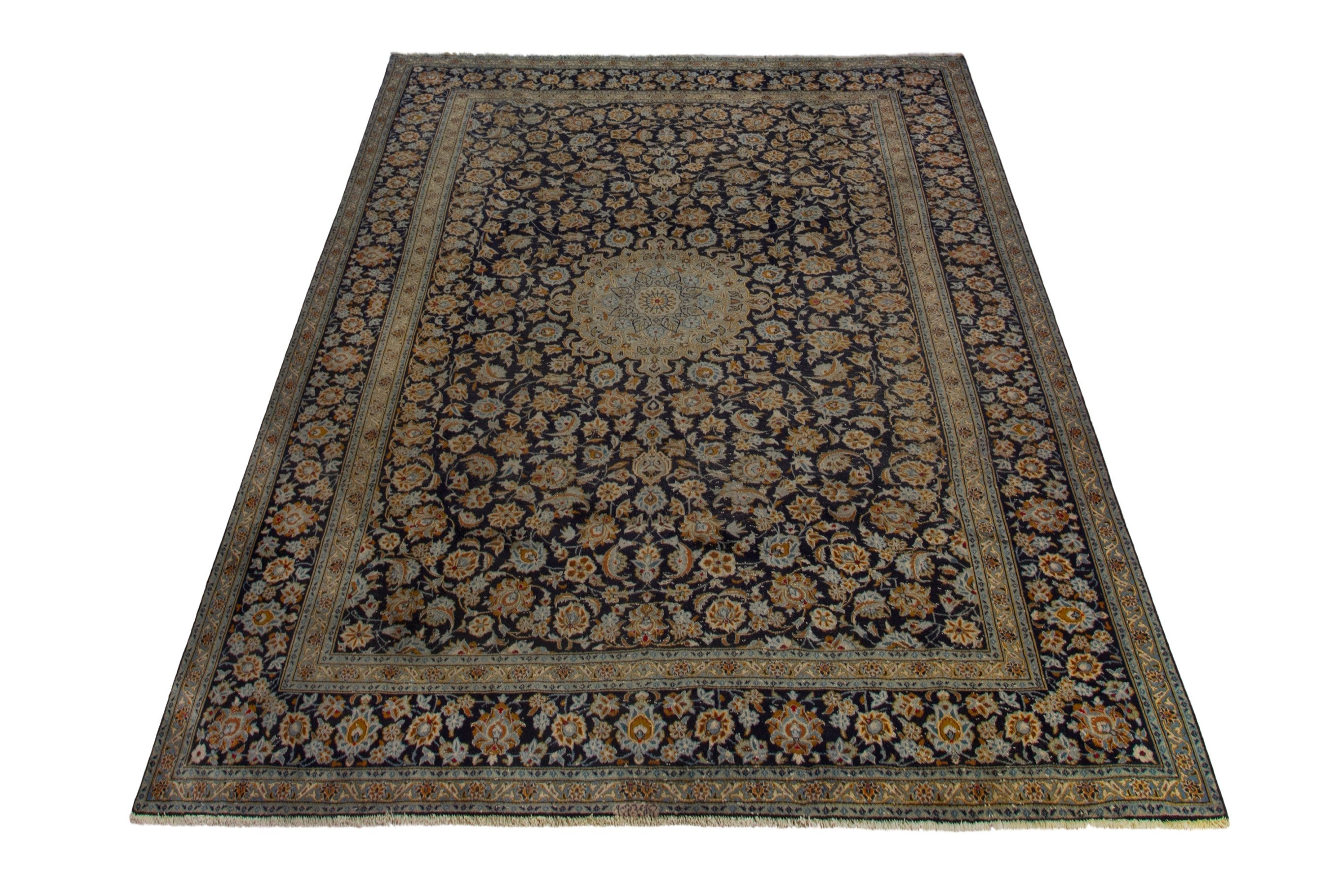 Persian Kashan oversized rug in navy and gold, view 2 of 21