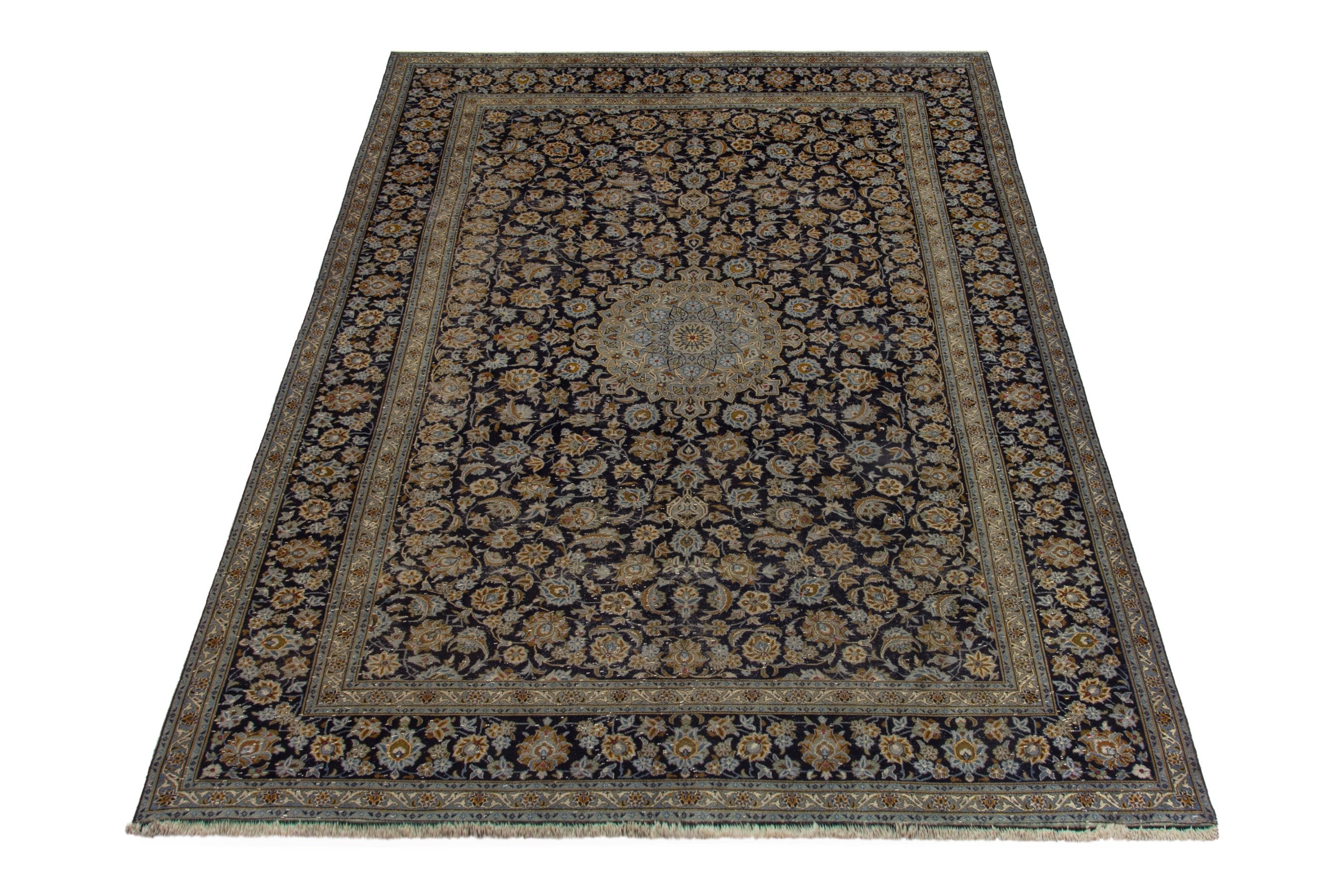 Persian Kashan oversized rug in navy and gold, view 3 of 21