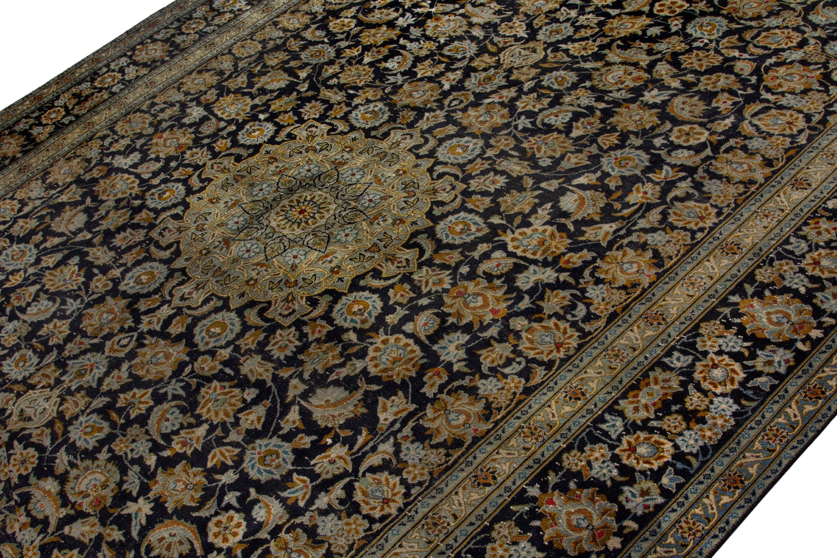 Persian Kashan oversized rug in navy and gold, view 4 of 21