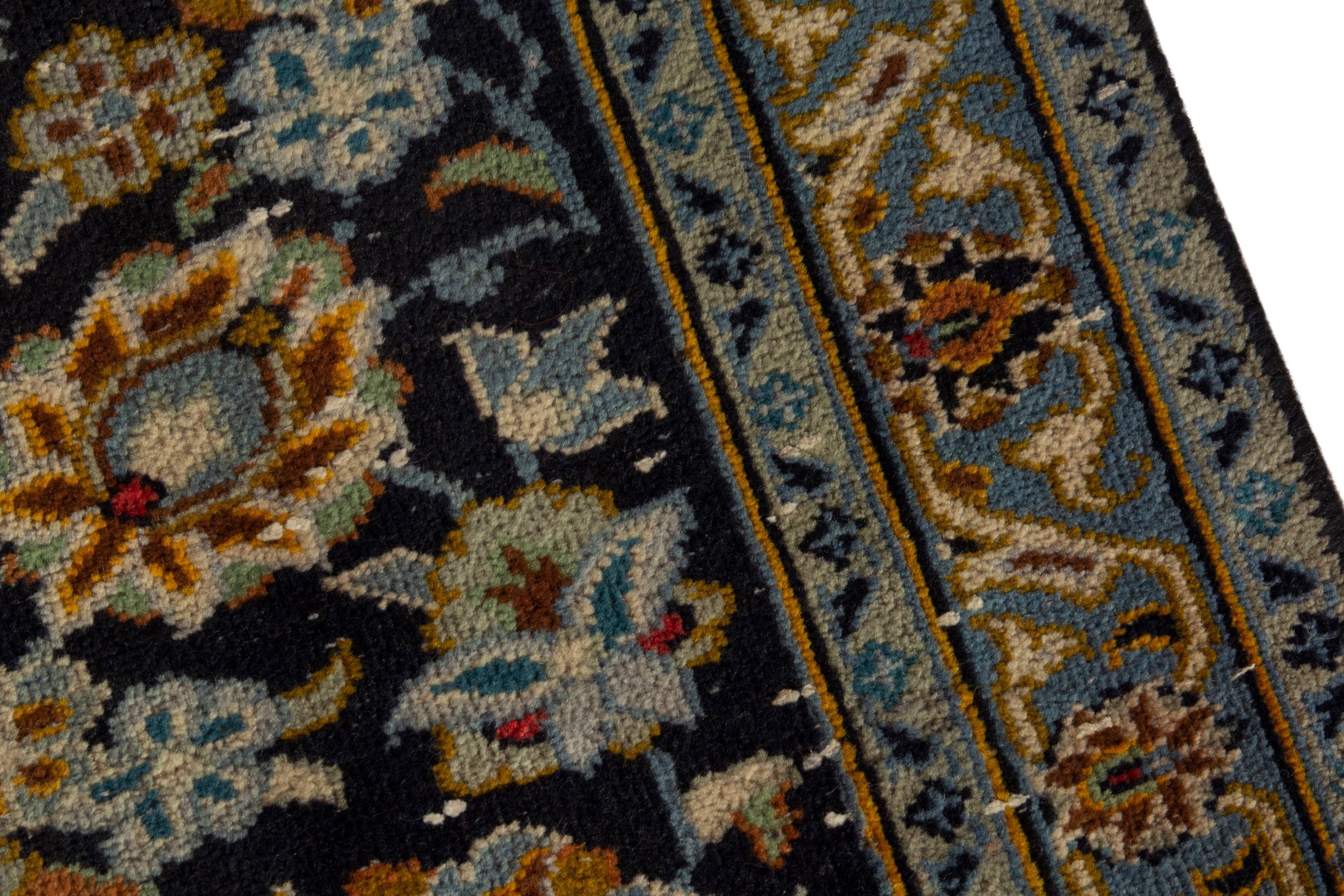 Persian Kashan oversized rug in navy and gold, view 7 of 21