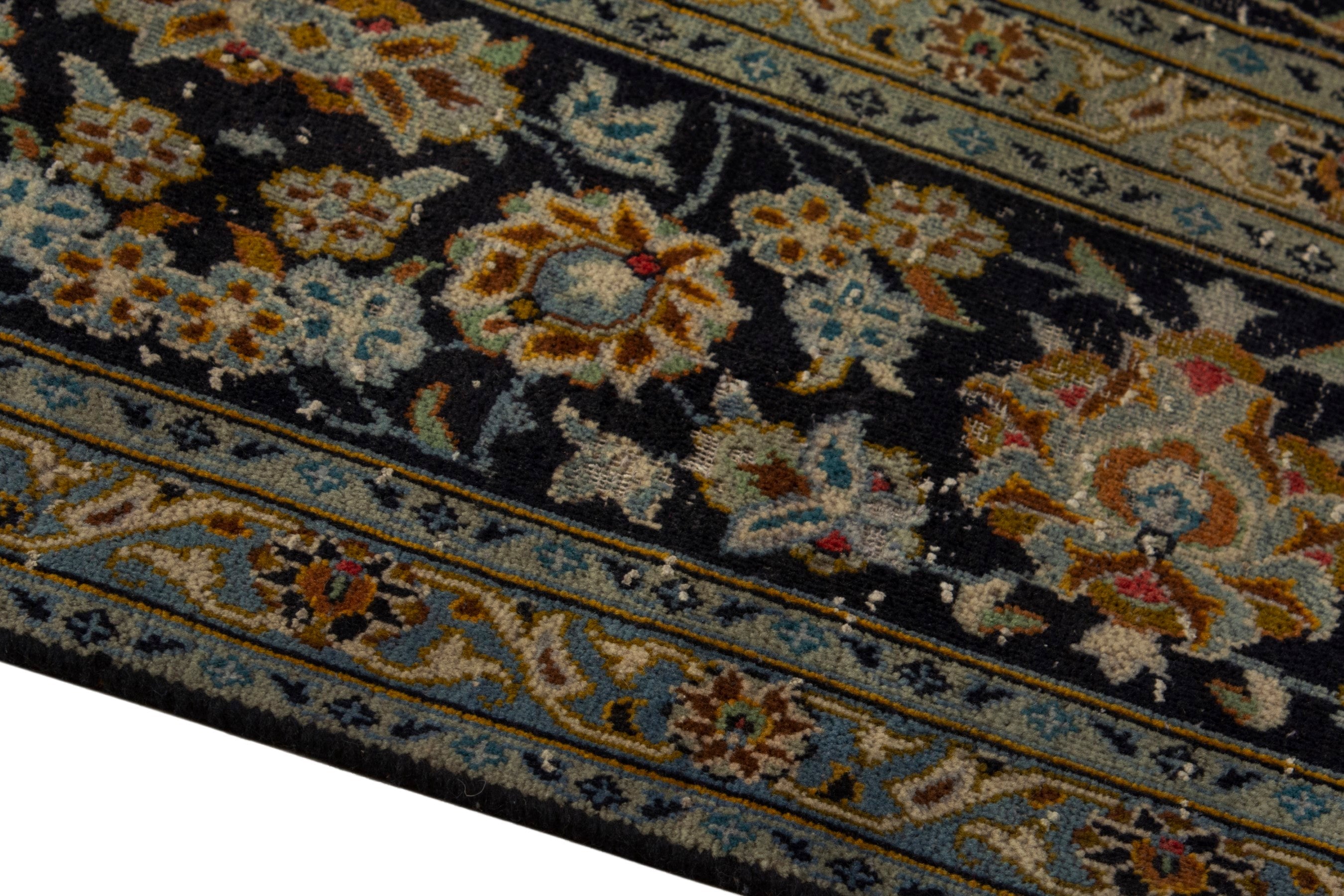 Persian Kashan oversized rug in navy and gold, view 8 of 21