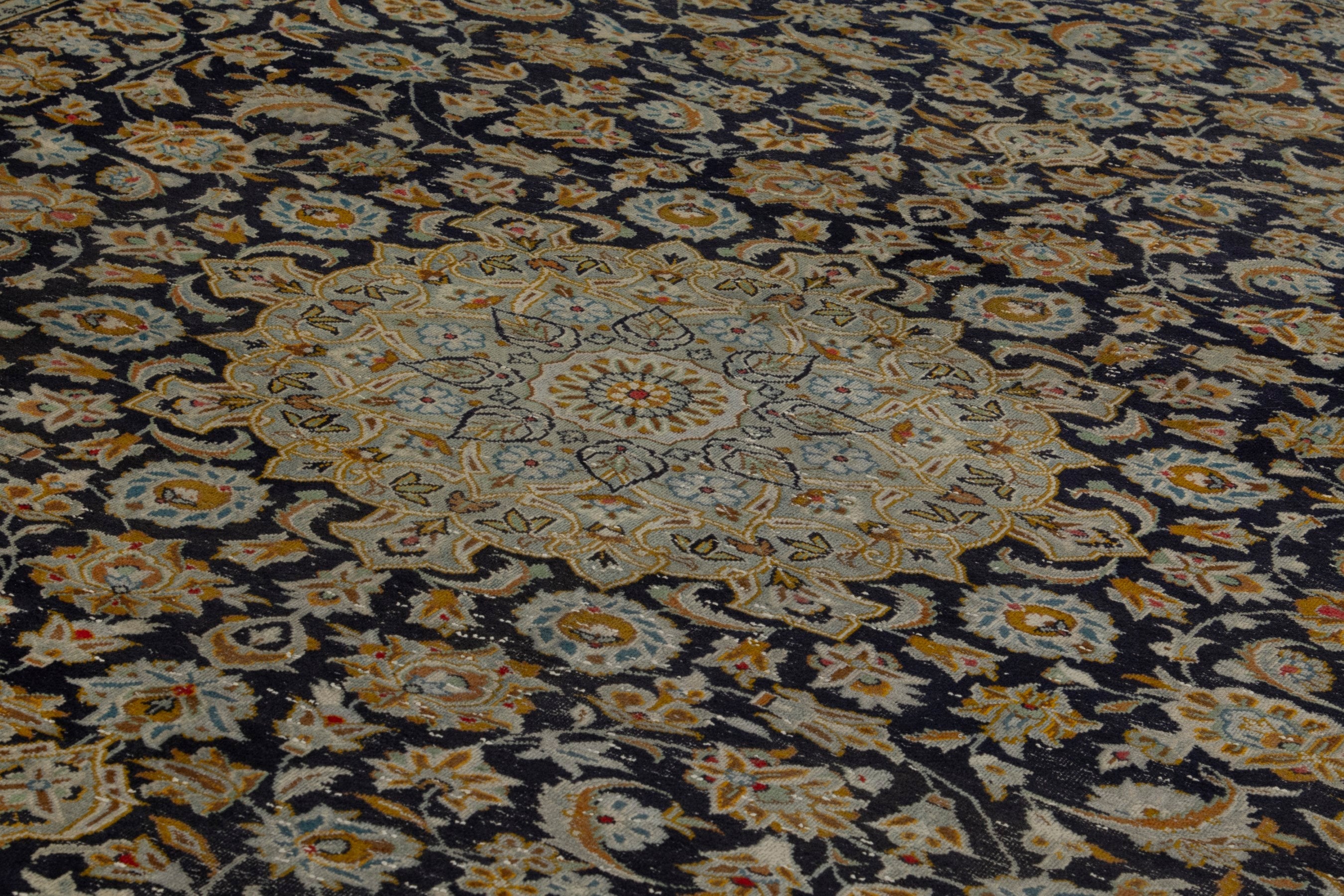 Persian Kashan oversized rug in navy and gold, view 9 of 21