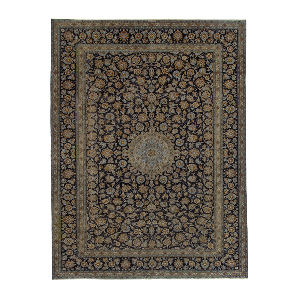 Persian Kashan oversized rug in navy and gold, 10' x 13'3"