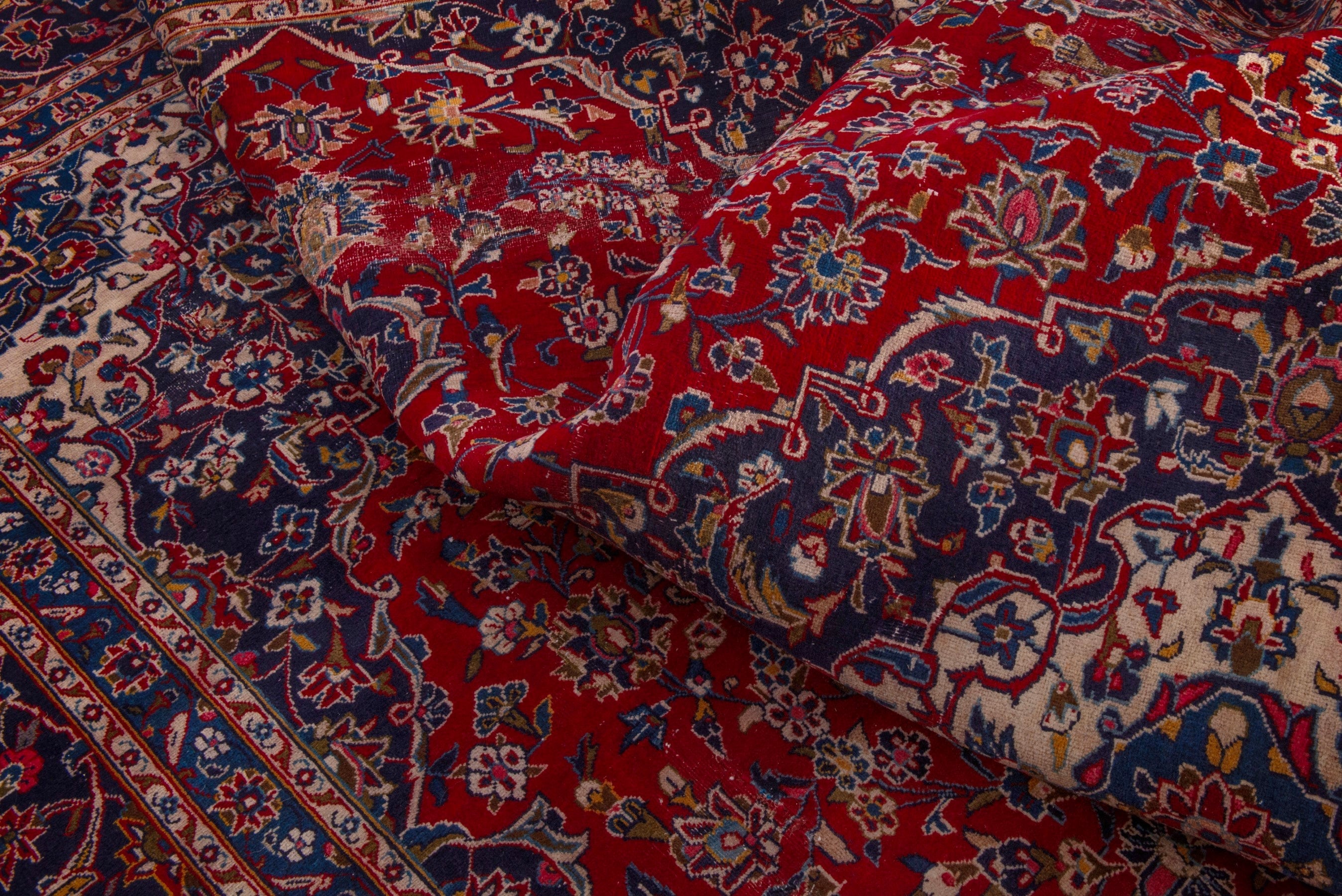 Persian Kashan oversized rug in deep red and dark blue, view 22 of 24
