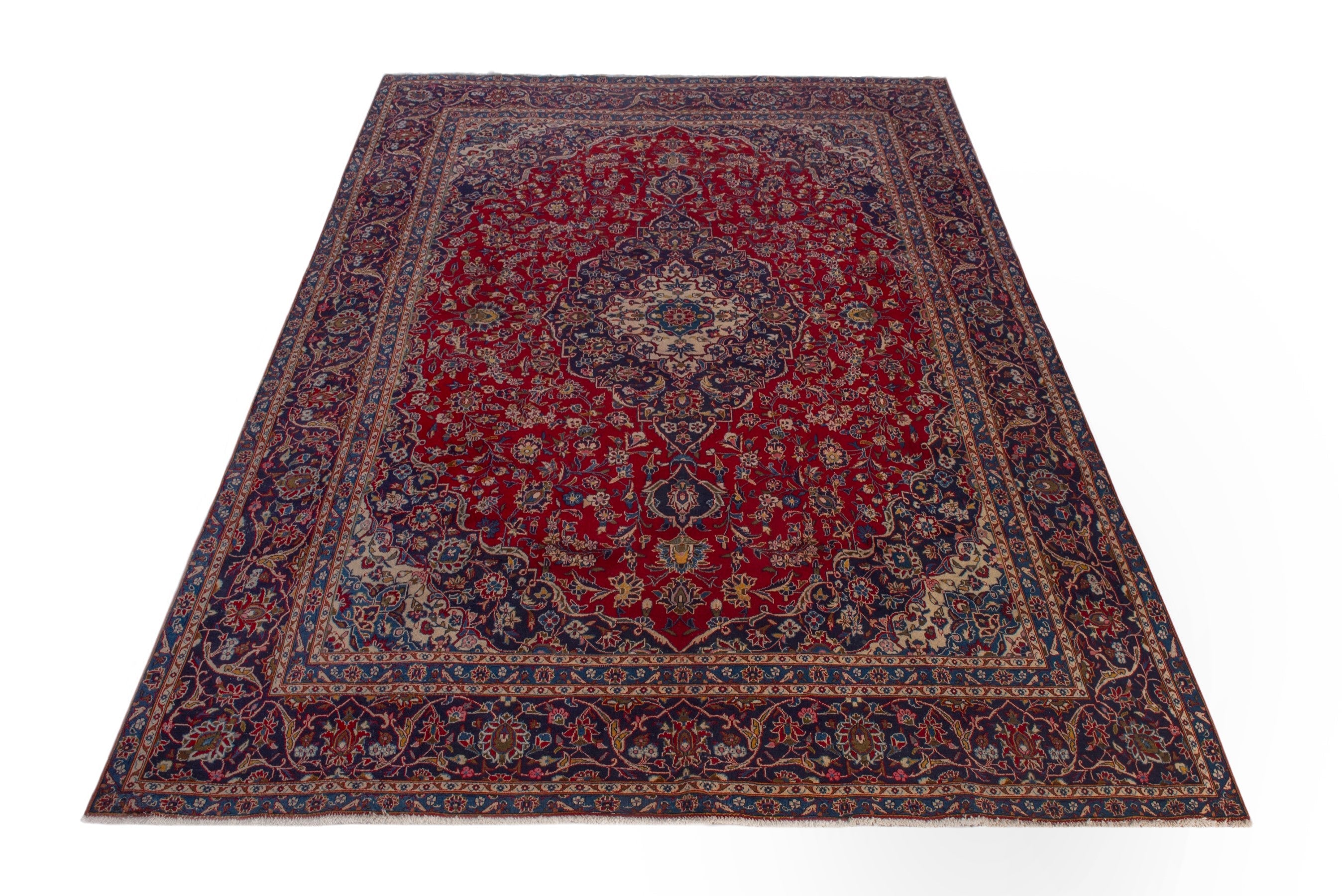 Persian Kashan oversized rug in deep red and dark blue, view 2 of 24