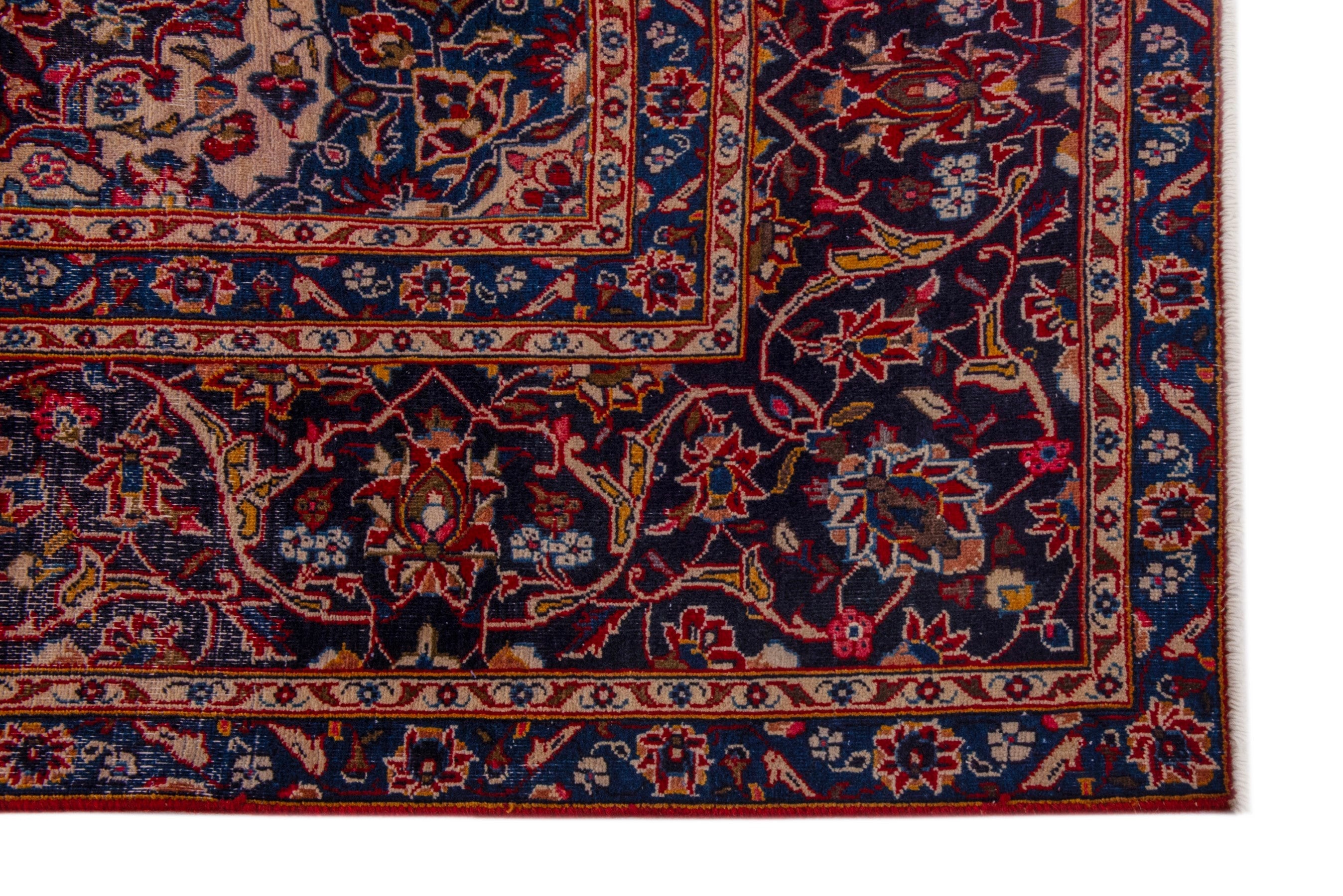 Persian Kashan oversized rug in deep red and dark blue, view 5 of 24
