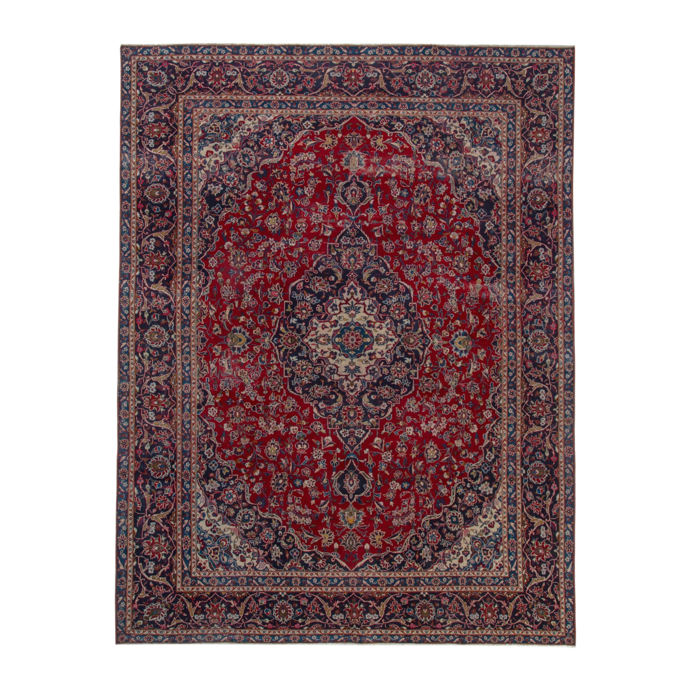 Persian Kashan oversized rug in deep red and dark blue, 9'10" x 12'10"