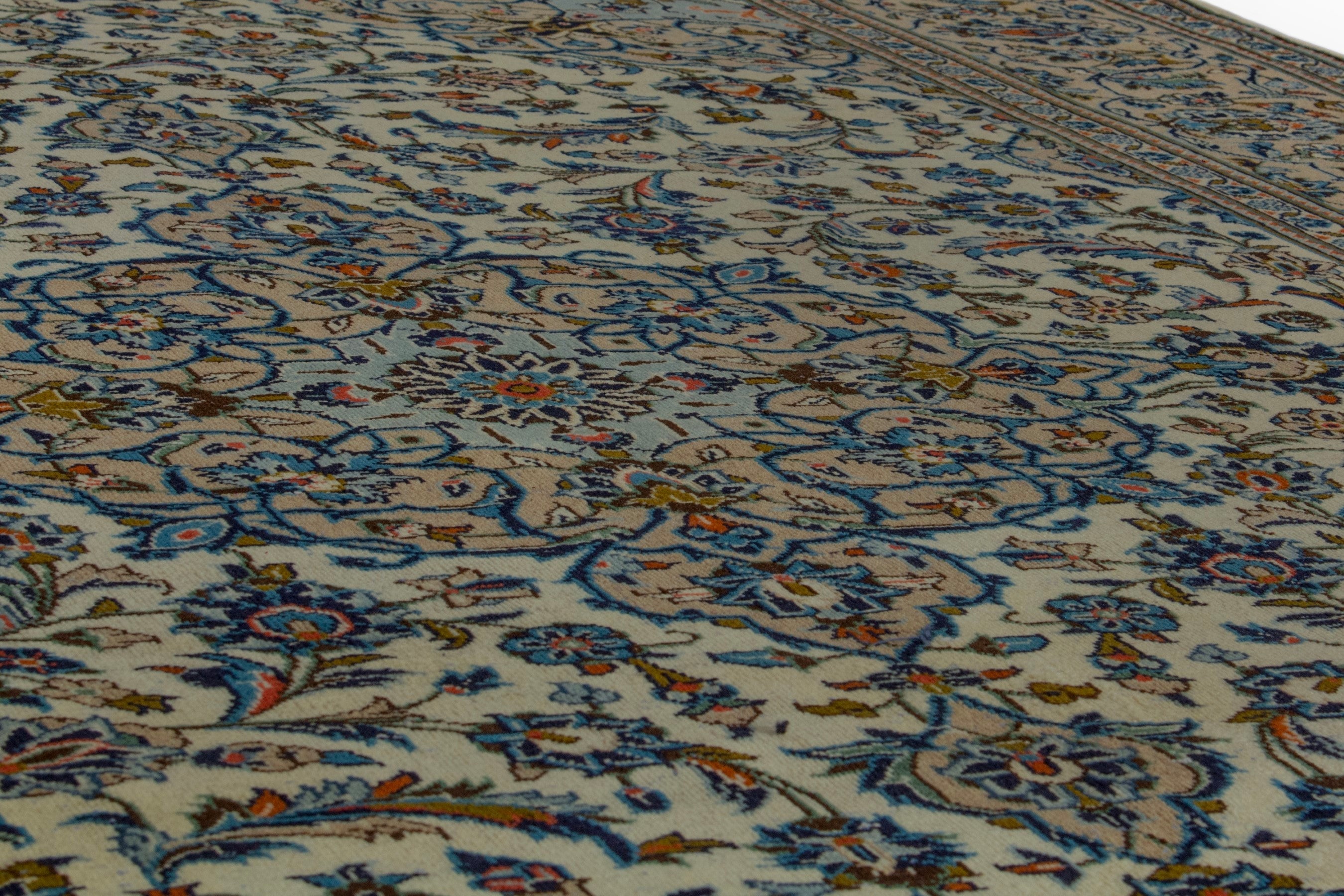 Persian Kashan area rug in ivory and dark blue, view 10 of 19