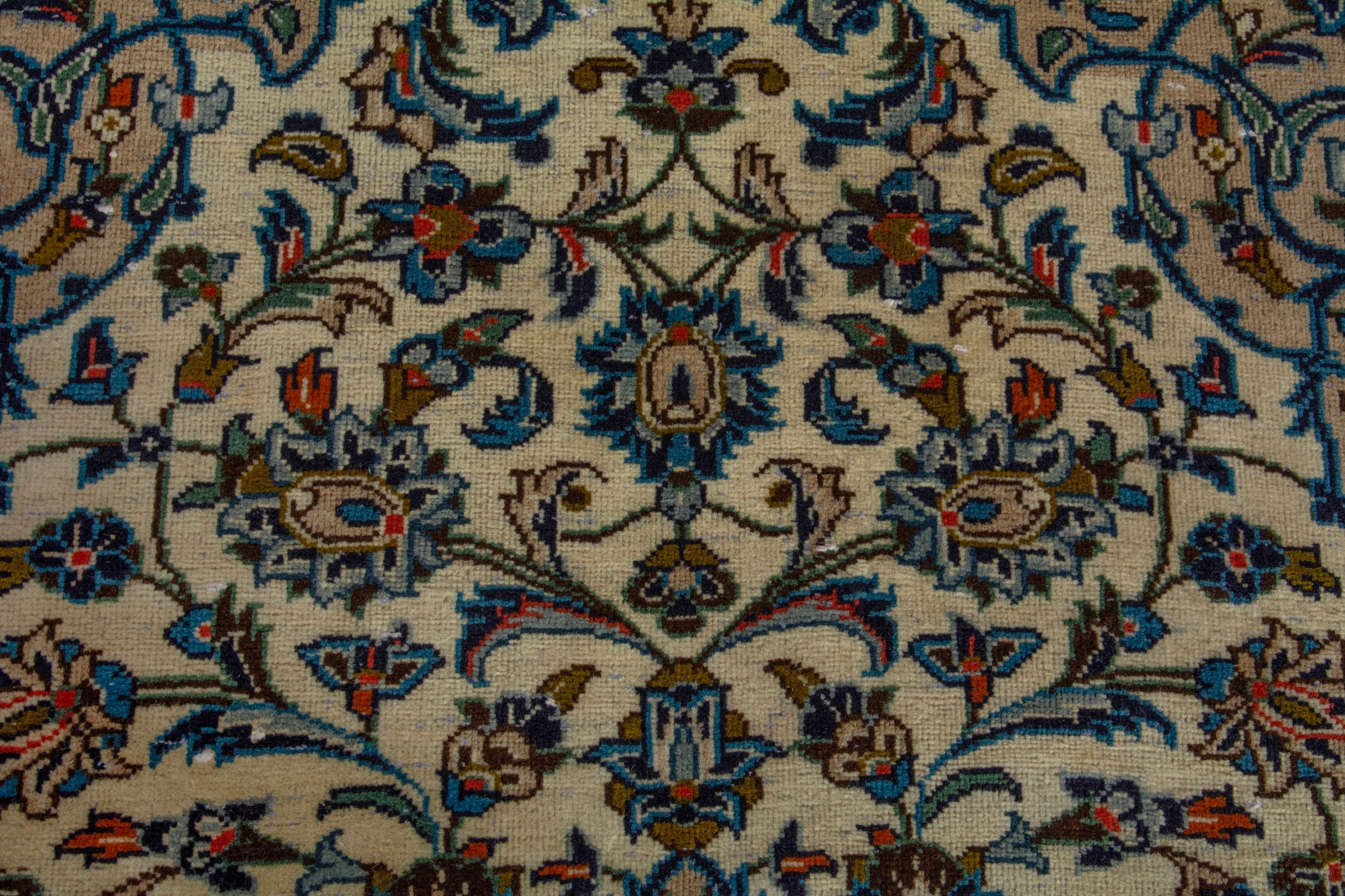 Persian Kashan area rug in ivory and dark blue, view 12 of 19