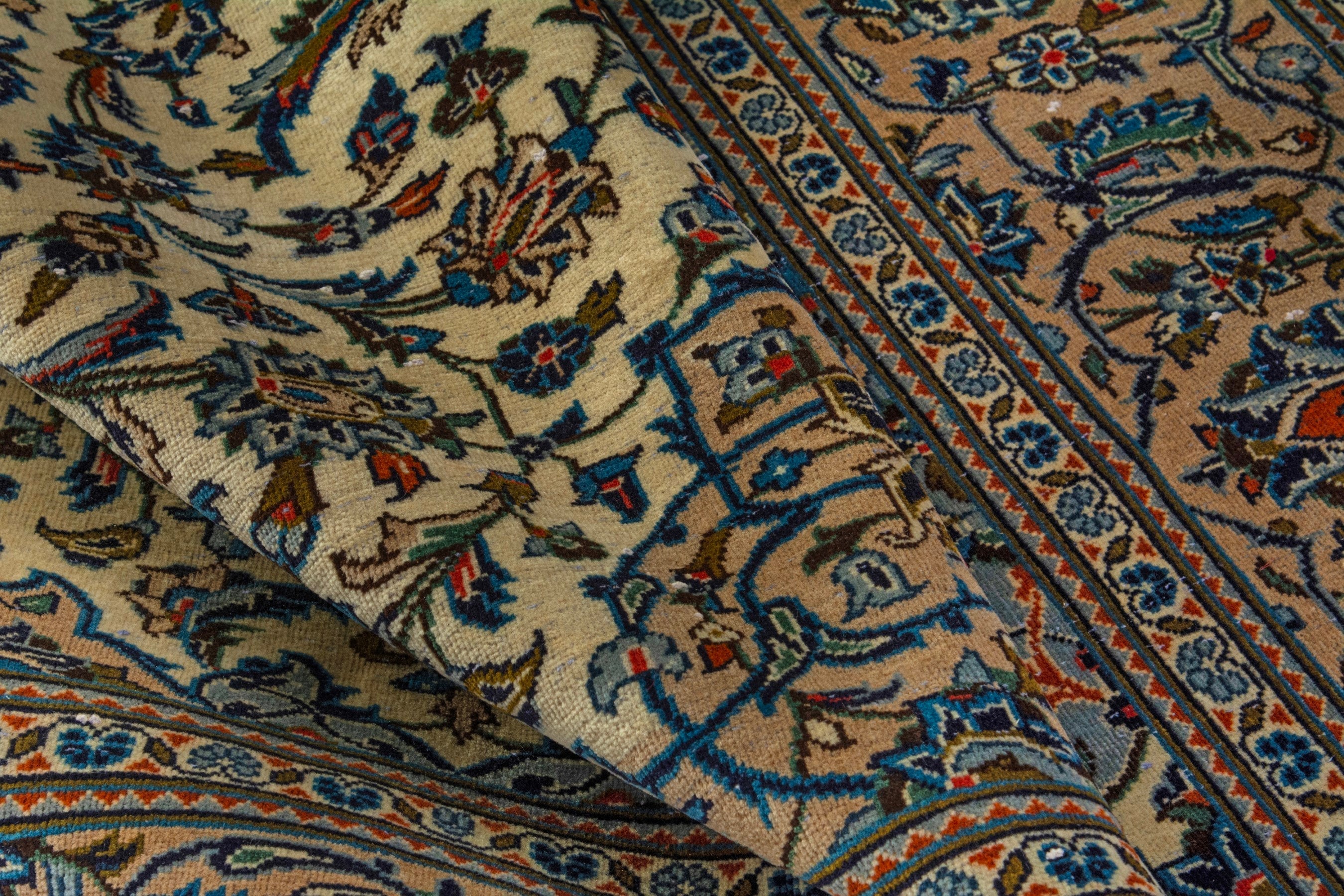 Persian Kashan area rug in ivory and dark blue, view 15 of 19