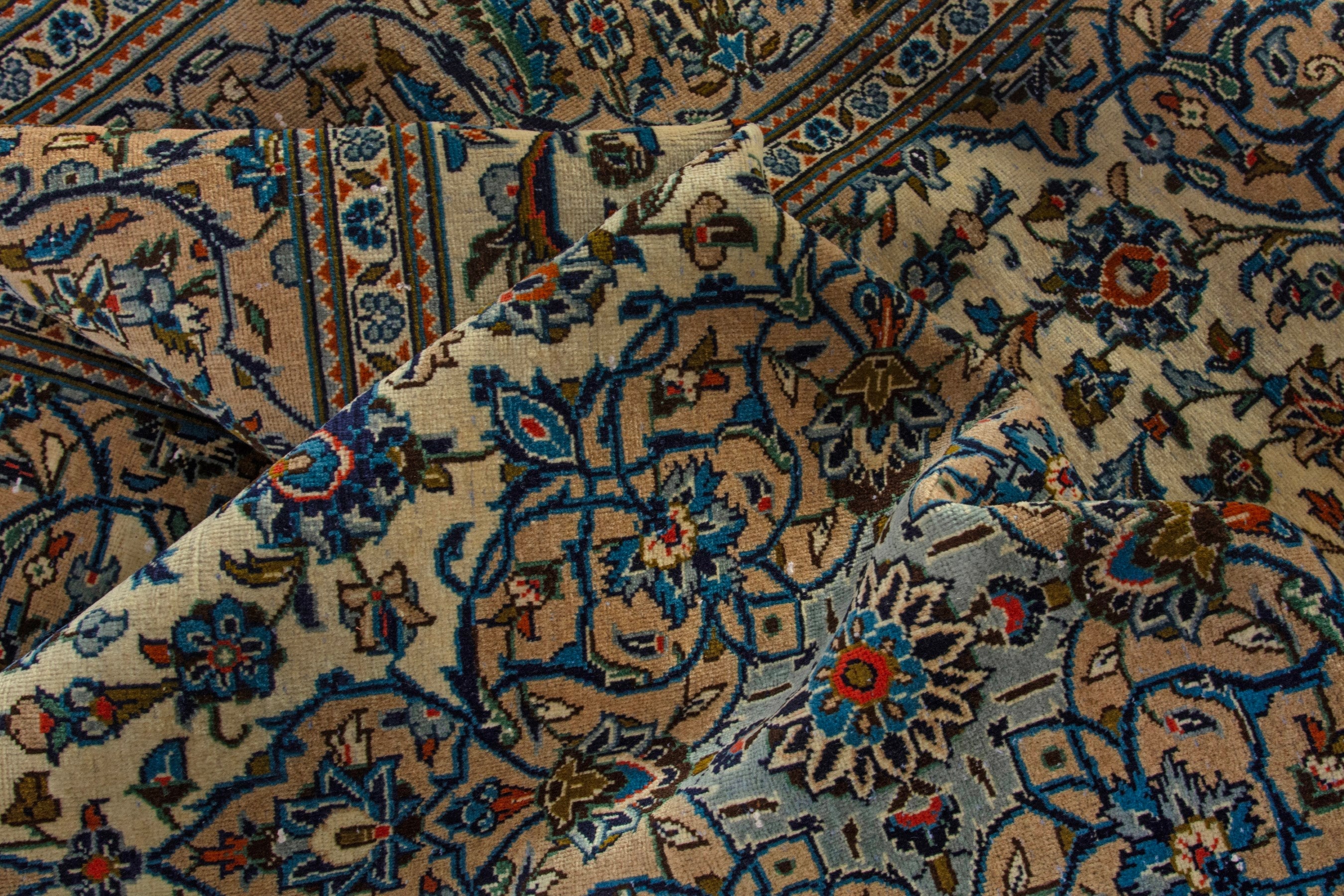 Persian Kashan area rug in ivory and dark blue, view 16 of 19