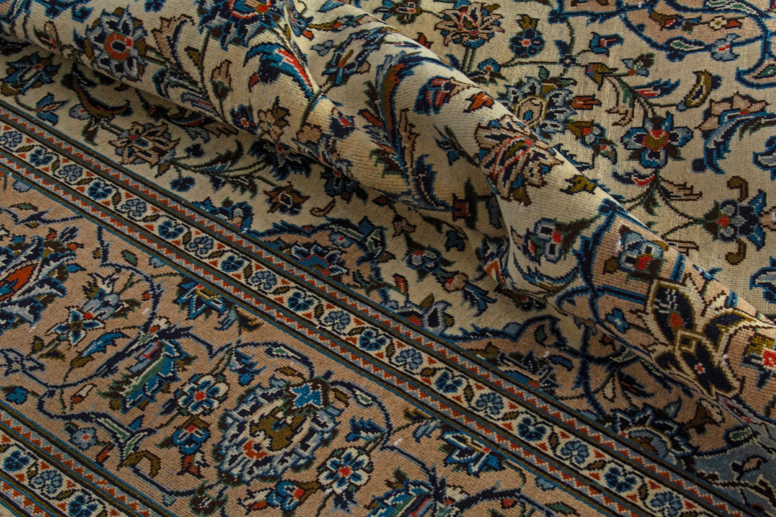 Persian Kashan area rug in ivory and dark blue, view 17 of 19